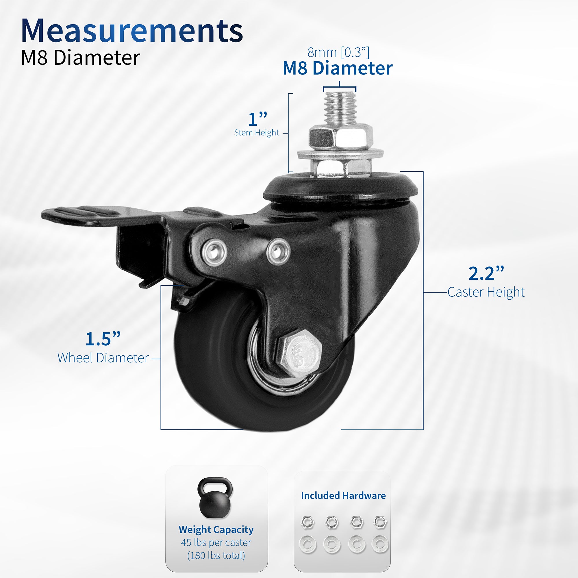 Heavy Duty M8 Lockable Caster Wheels Set of 4 - Swivel Industrial Casters with Brake for Furniture, Carts & Equipment - Perfect for Workshop, Garage & Warehouse Use