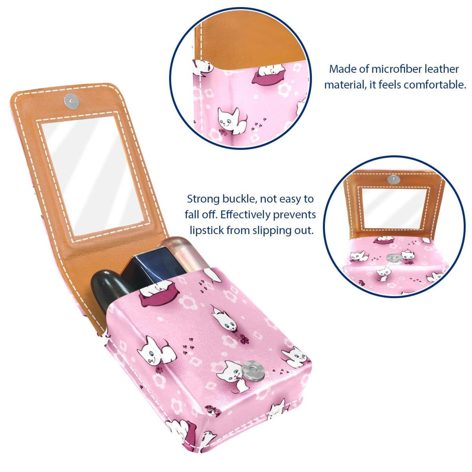 White Floral Kitten Makeup Lipstick Case - Portable Travel Lip Gloss Holder with Mirror, Mini Lipstick Organizer Storage Box for Women | Perfect for Travel, Daily Purse & Makeup Organization