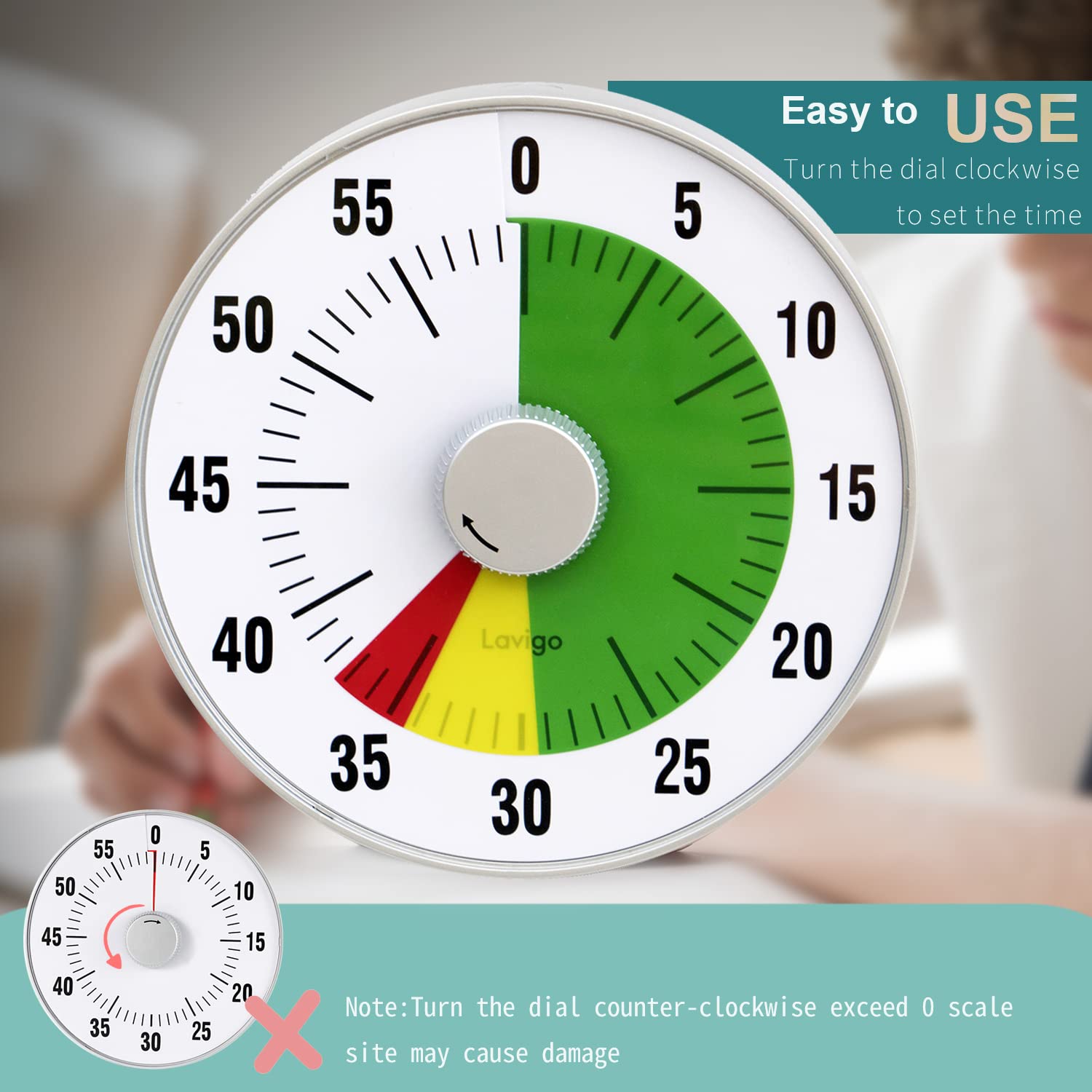 Lavigo 7.5 Inch Kitchen Timer - Visual Countdown Analog Timer with Quiet Operation & Adjustable Alarm (Low/Mute) for Cooking, Baking, Classroom, Office, Gym - Perfect for Teachers, Kids & Adults (Green LT21-TC) | Ideal for Meal Prep, Study Sessions & Workout Timing