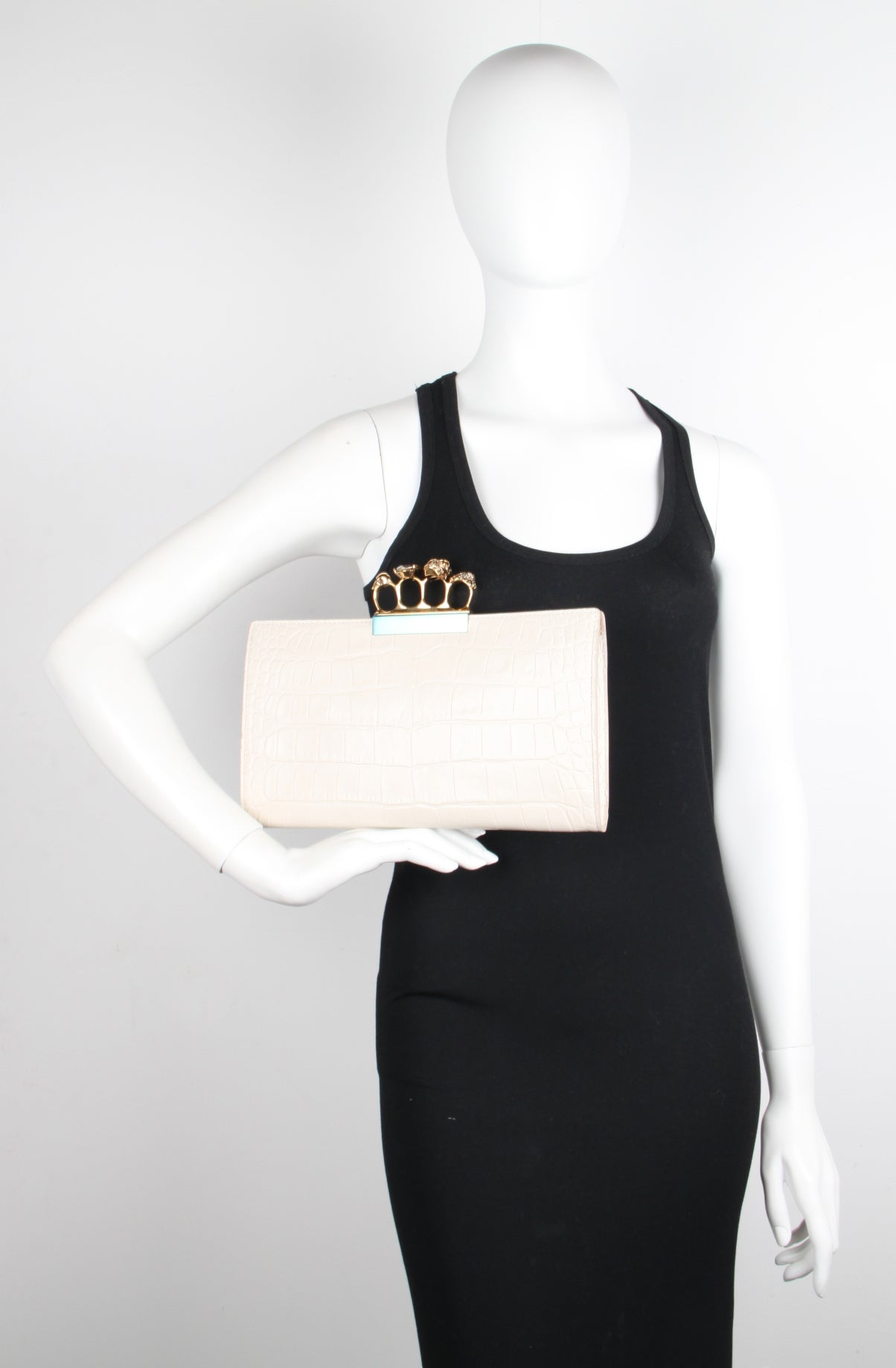 4 Ring Clutch Large Crocodile Leather Handbag - White Bone & Gold Accents | Elegant Evening Bag for Women, Perfect for Parties, Weddings & Special Occasions