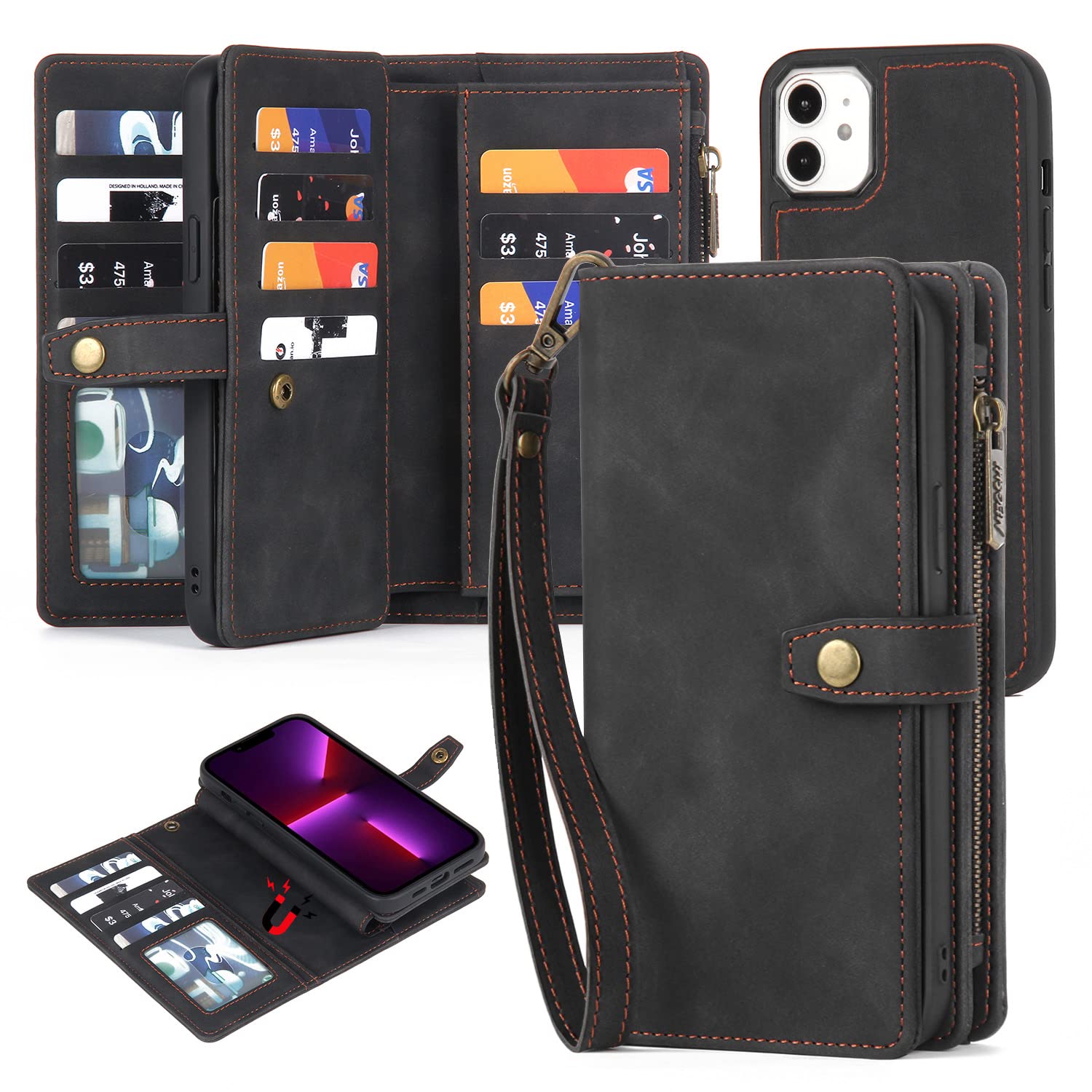 Magnetic Detachable Wallet Case for iPhone 11 - PU Leather Phone Cover with Card Holder, Wrist Strap & Money Pocket - Slim Protective iPhone 11 Case for Women & Men (Black) | Perfect for Everyday Use, Travel & Business Meetings