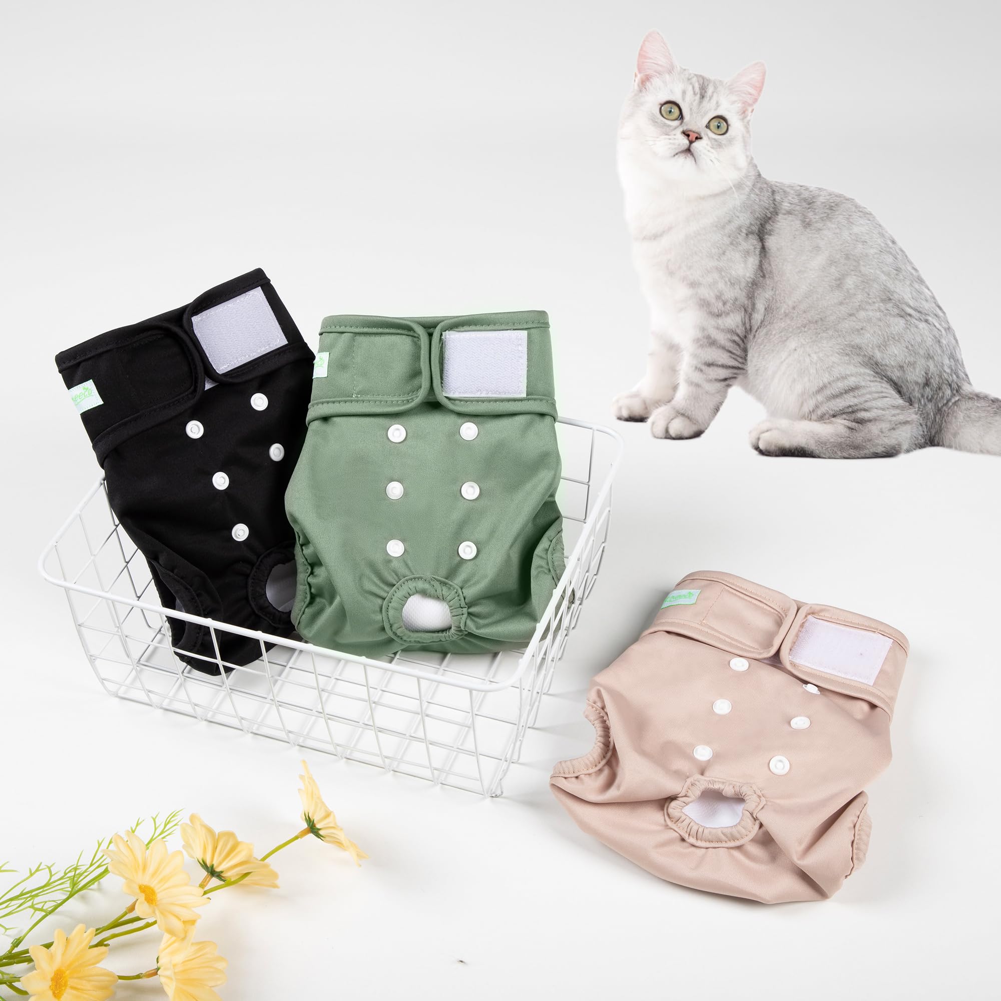 Wegreeco Reusable Cat Diapers for Female & Male Cats - Adjustable Snaps, Highly Absorbent Pet Diapers for Incontinence & Spraying - 3 Pack Small - Perfect for Elderly, Post-Surgery & House-Training Cats