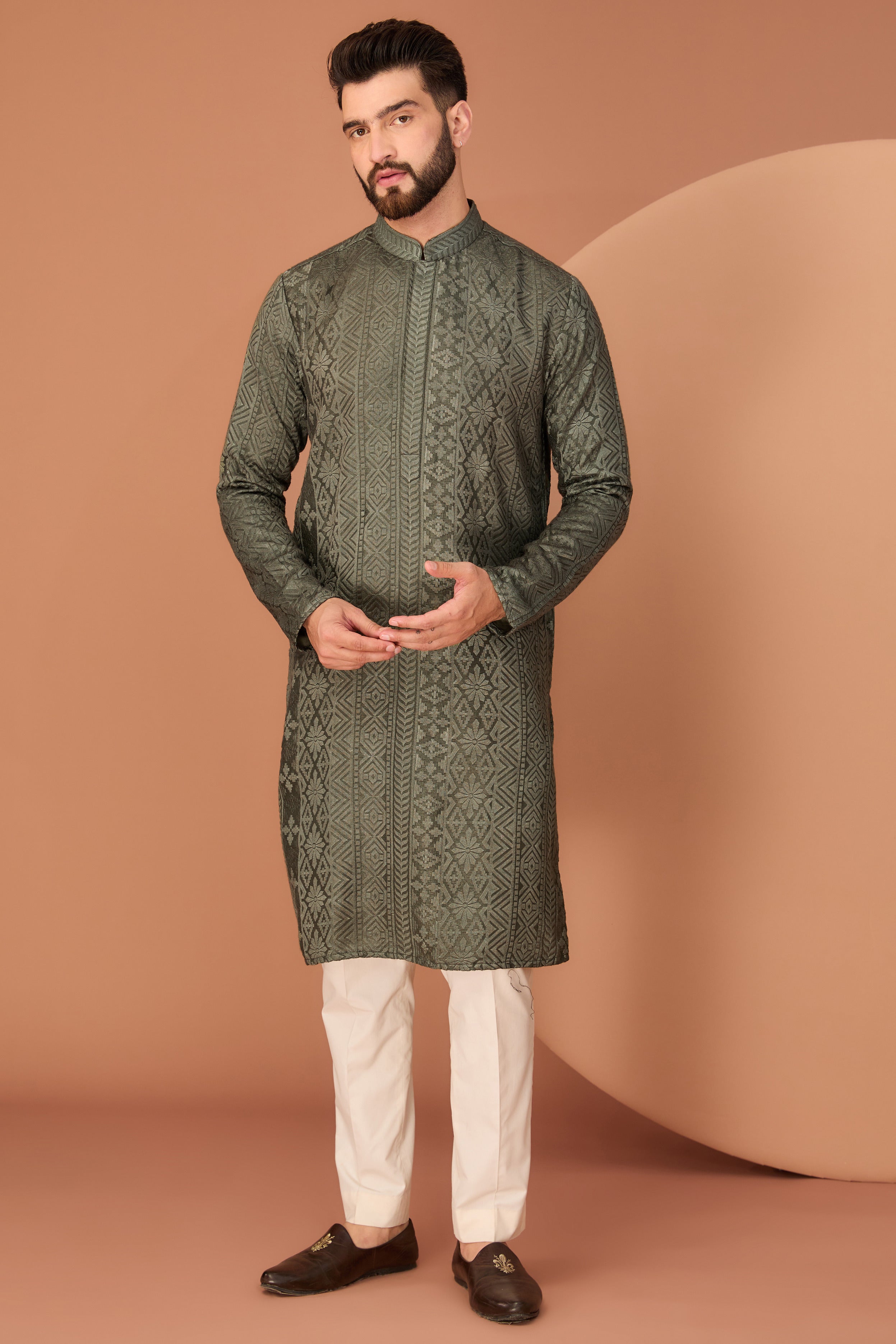 Stylish Military Green Chikankari Kurta for Women - Traditional Indian Embroidered Tunic - Perfect for Festivals, Weddings & Casual Wear