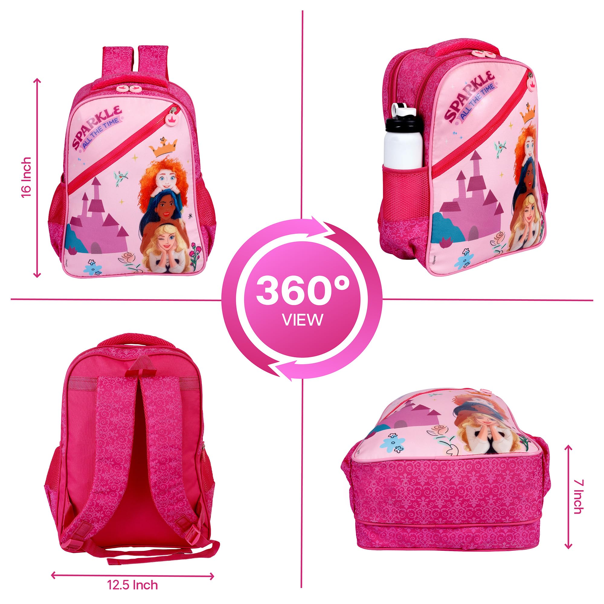 **Disney Princess School Backpack for Girls - 16 Inch Large Water Resistant Kids Backpack - Cute Durable Travel Bag for School, Tuition, Picnic & Gift**