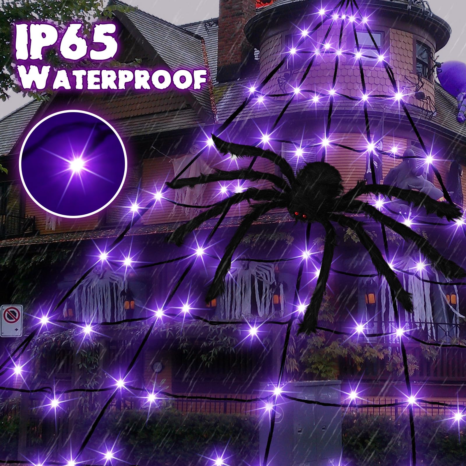 19.7FT Halloween Spider Web Lights with Large Hairy Spider & 250 Purple LEDs - 8 Lighting Modes, Waterproof Outdoor Decor for Yard, Garden, and Porch | Perfect for Halloween Party, Haunted House, and Spooky Night Decorations
