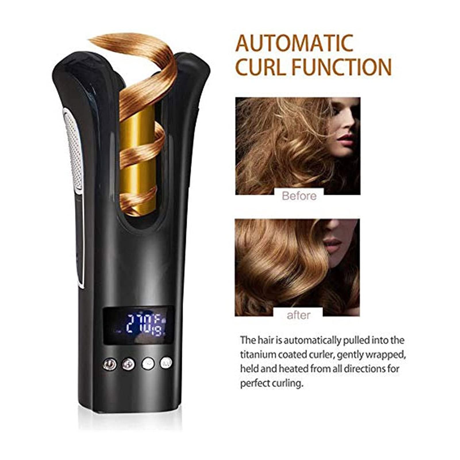 HHWKSJ Cordless Auto Hair Curler - Rechargeable Rotating Ceramic Curling Iron with LCD Display, Adjustable Temperature & Timer for Perfect Curls | Fast Heating, Portable Hair Styling Wand for Home, Travel & Salon Use