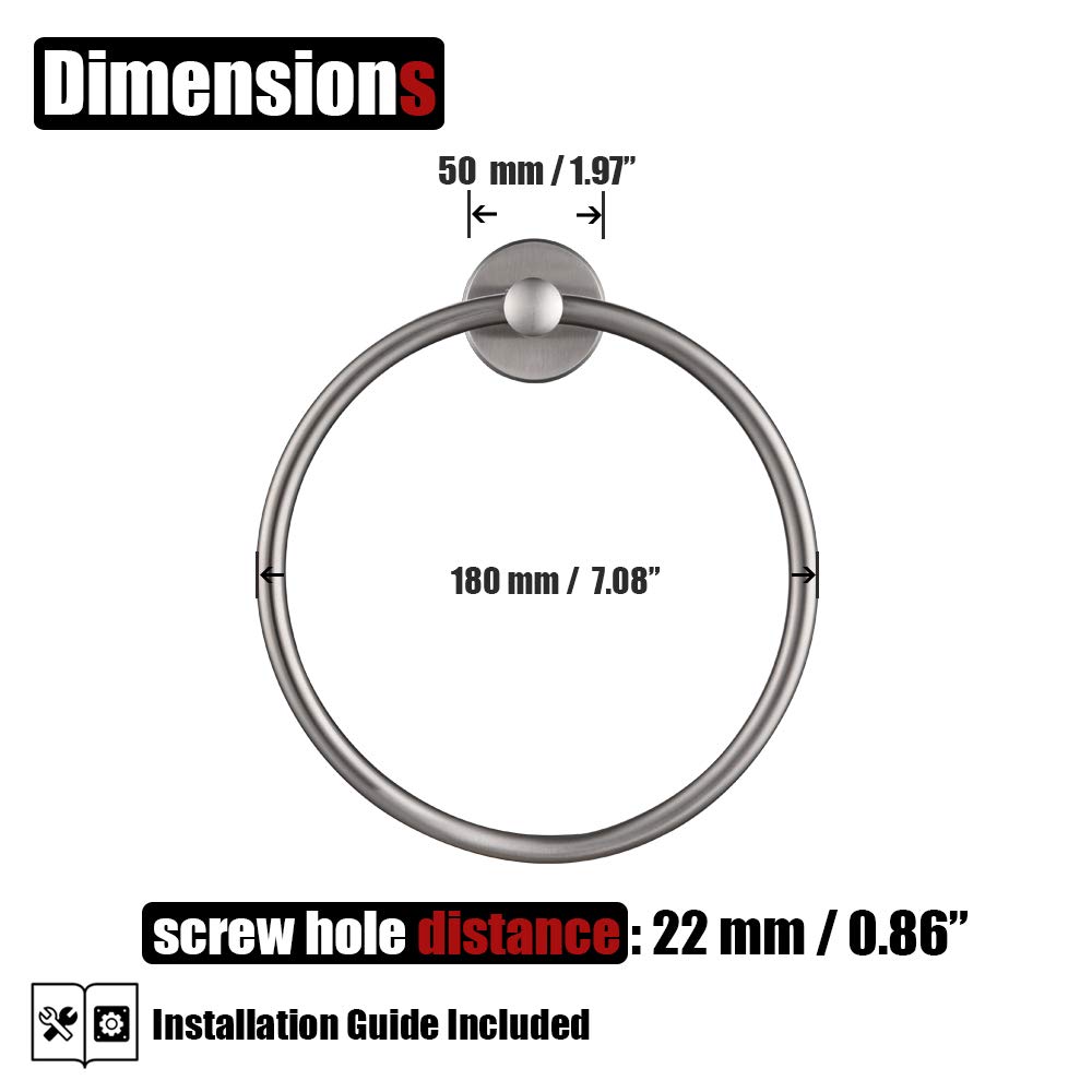 JQK 304 Stainless Steel Bathroom Towel Ring - Brushed Nickel Wall Mount Hand Towel Holder TR130-BN for Bath, Kitchen & Guest Room Decor