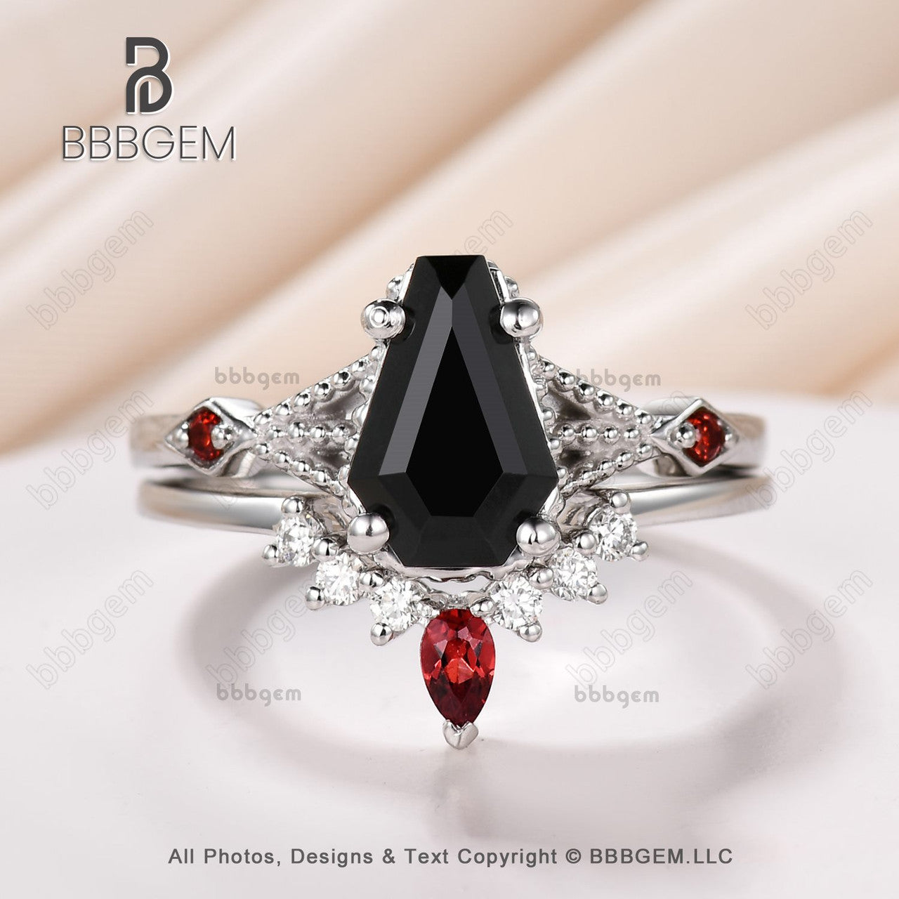 Platinum Coffin Black Spinel & Diamond Wedding Ring Set - 9x6mm Coffin Shaped Onyx & Natural Garnet Engagement Rings for Women | Perfect for Gothic Weddings, Alternative Fashion & Unique Jewelry Lovers