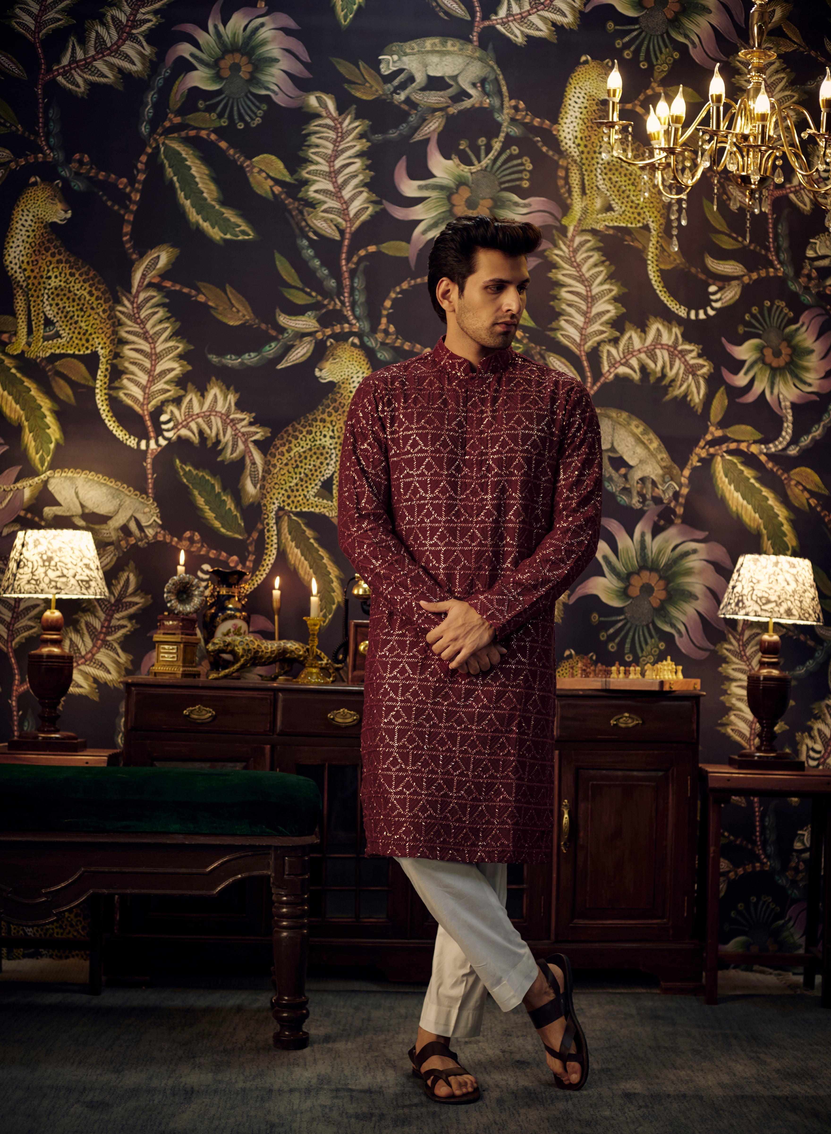 Elegant Maroon Chikankari Kurta with Tone-on-Tone Threadwork & Sequin Embroidery - Perfect for Festivals, Weddings & Ethnic Parties
