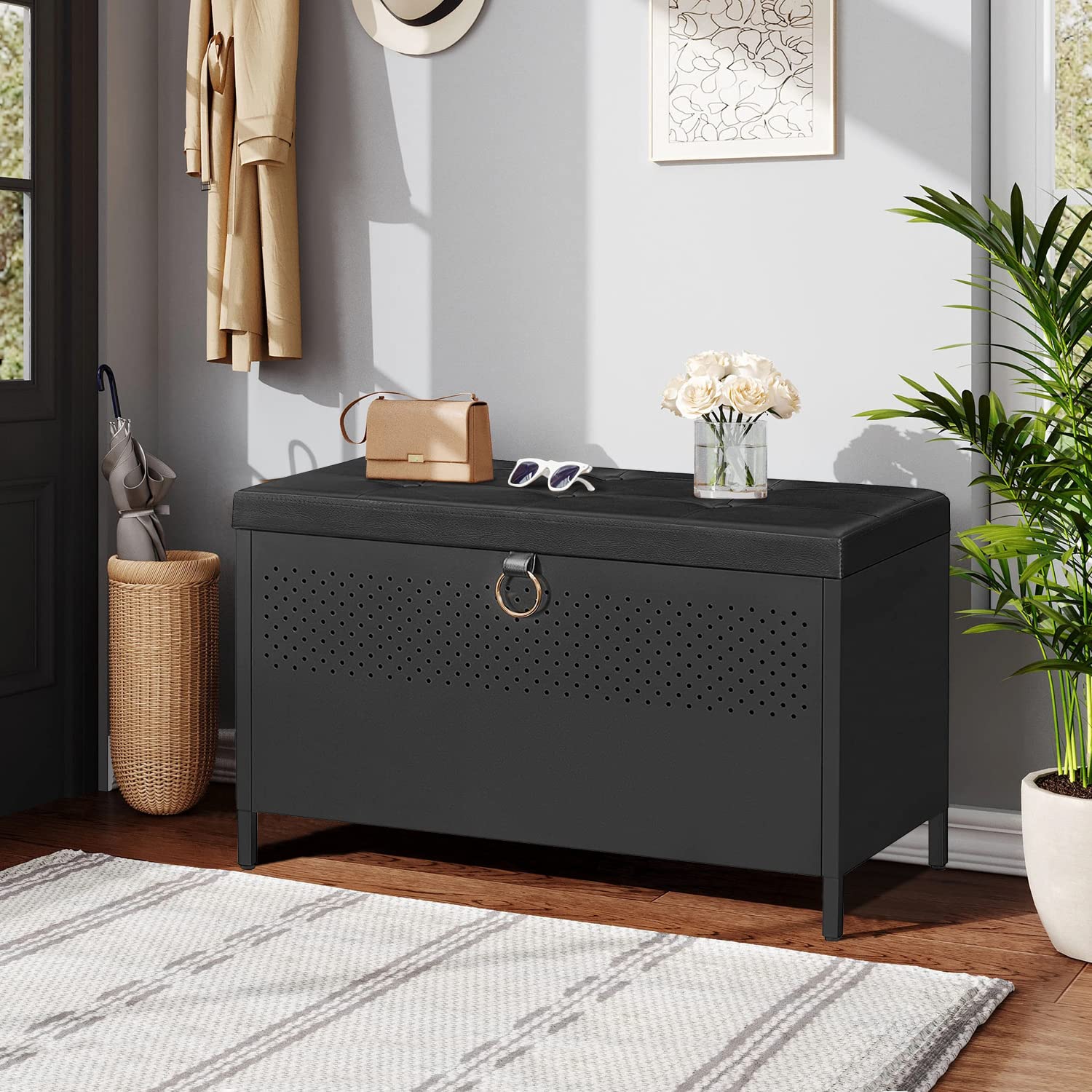 Wonder Comfort Lift-Top Shoe Storage Bench with Steel Frame & Wheels - Breathable Entryway Bench for Shoes, Coats & Accessories - Perfect for Living Room, Bedroom, Mudroom & Corner Spaces (Black) - Ideal for Small Space Organization & Quick Home Decor Updates