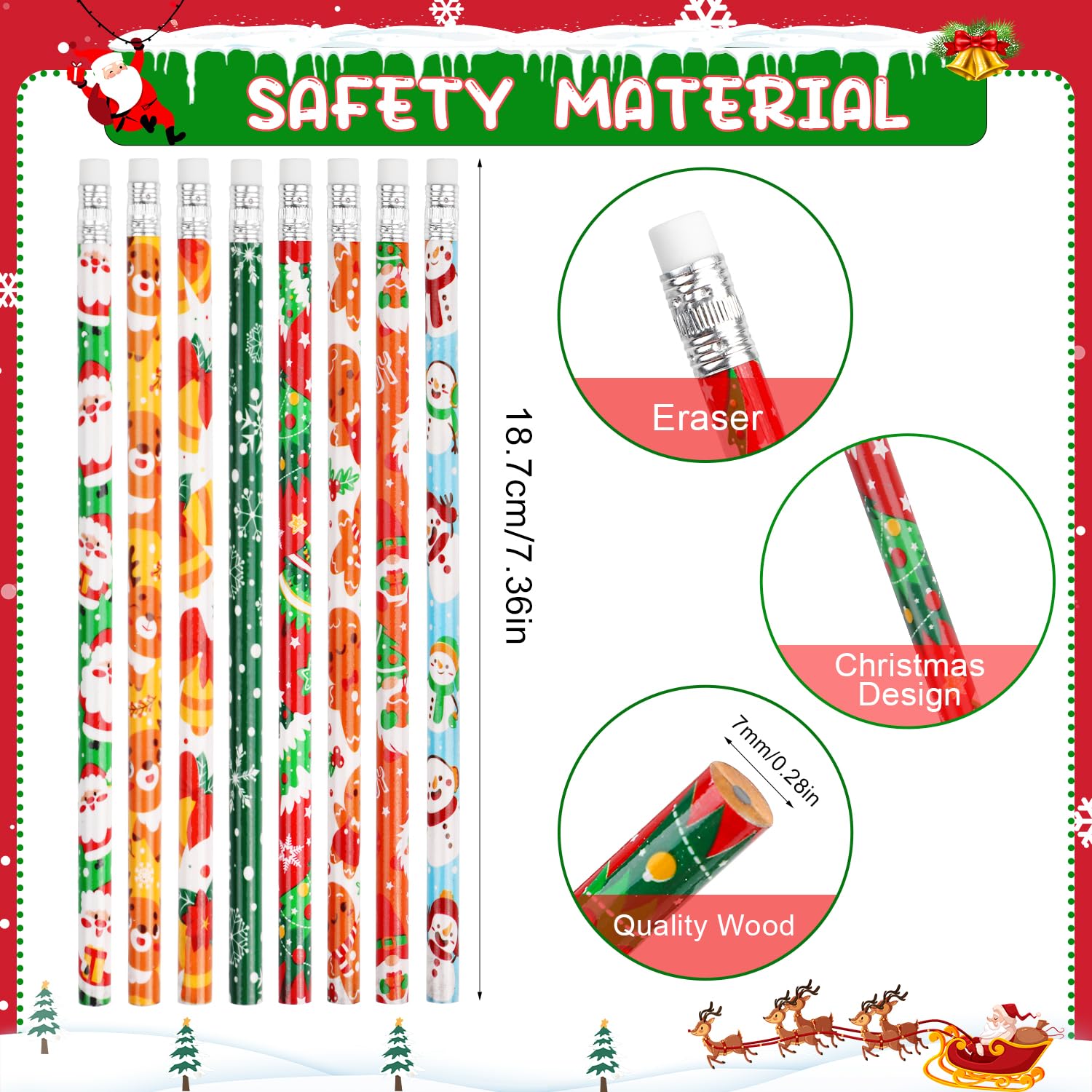 32pcs Christmas Pencils with Eraser - Santa Claus, Elk, Tree & Snowflake Designs for Kids Holiday Party Supplies (8 Styles) | Perfect for Classroom Gifts, Stocking Stuffers & Christmas Crafts