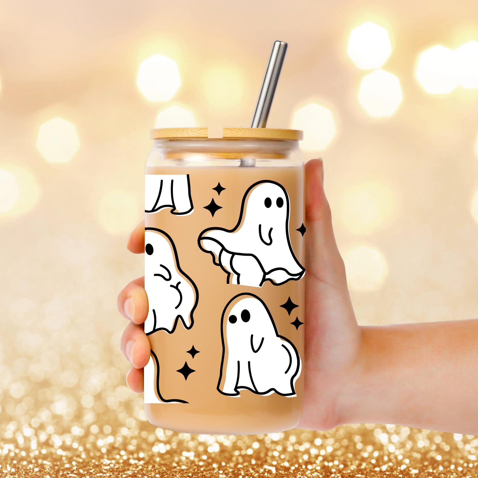Spooky Halloween Ghost Glass Tumbler - 16oz Insulated Cute Halloween Cup with Lid & Straw - Iced Coffee Mug for Women, Men, Teens - Perfect Halloween Gift for Lovers (Great for Trick-or-Treat, Office Parties & Fall Decor)