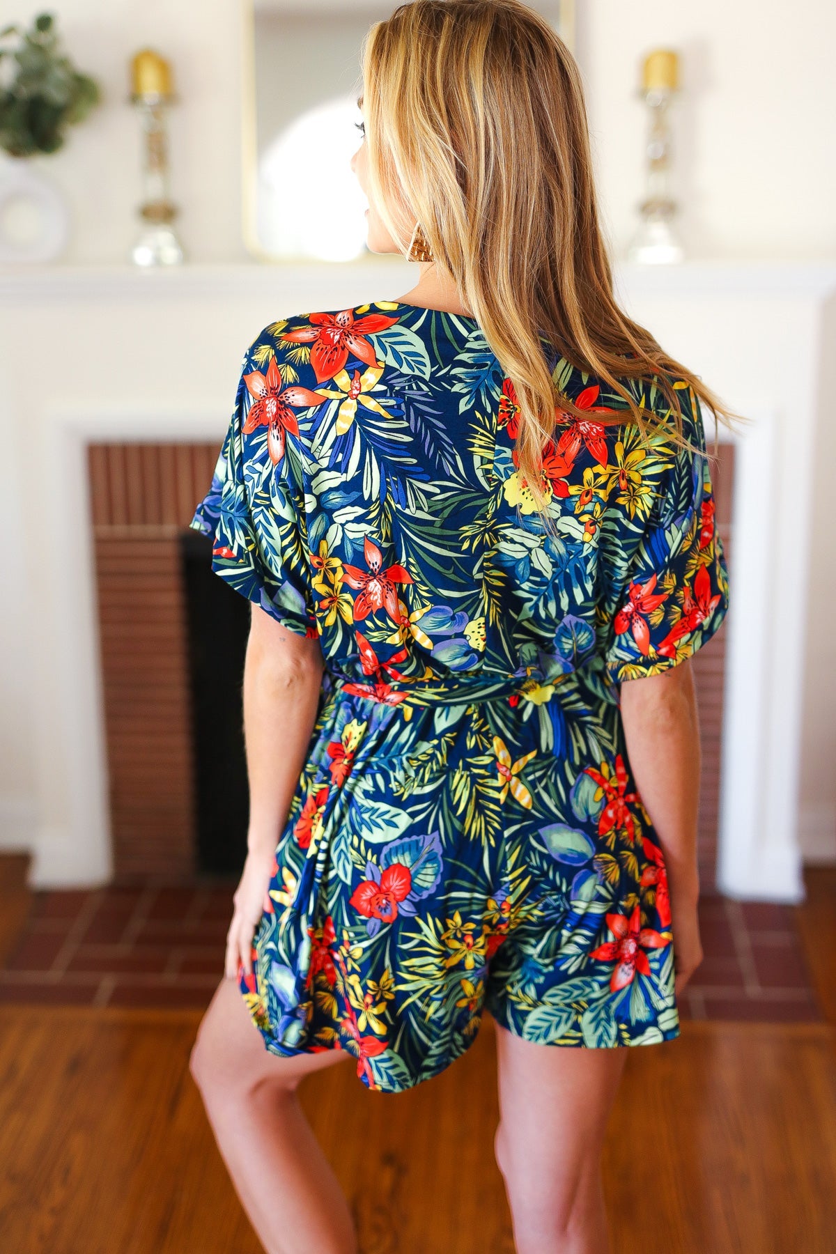 Navy Blue Tropical Floral Print Surplice Romper for Women - Summer Beach Vacation, Pool Party & Casual Outfit