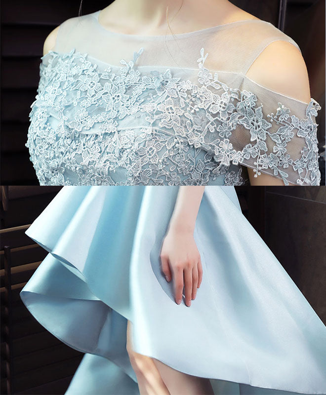 Elegant Light Blue Satin Lace Prom Dress | Blue Lace Evening Gown for Women | Perfect for Homecoming, Formal Dances & Special Occasions