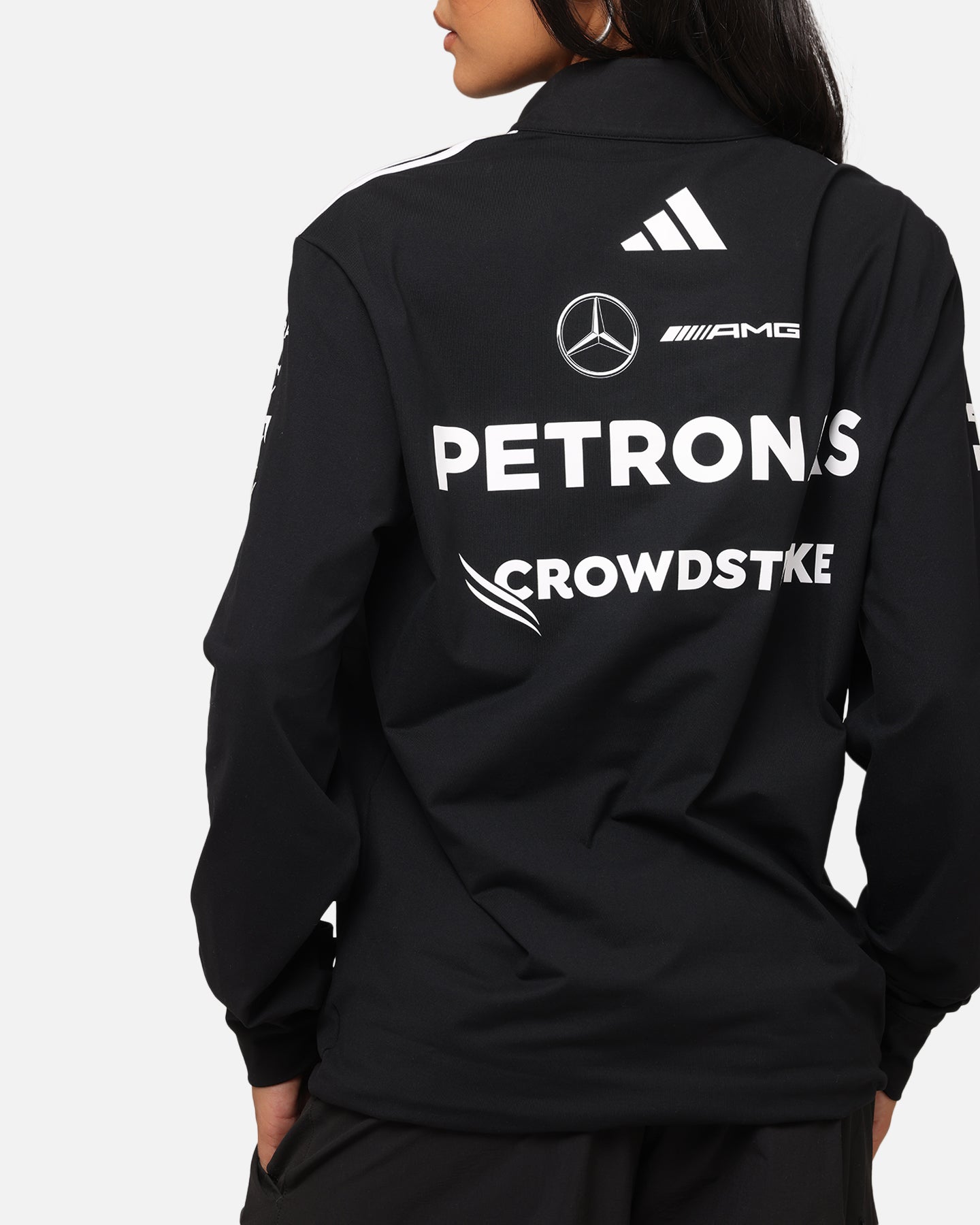 Adidas x Mercedes AMG PETRONAS F1 2025 Team Quarter Zip Jacket - Black & White Racing Jacket for Motorsport Fans & Formula One Enthusiasts - Perfect for Race Day, Casual Wear & Sports Events