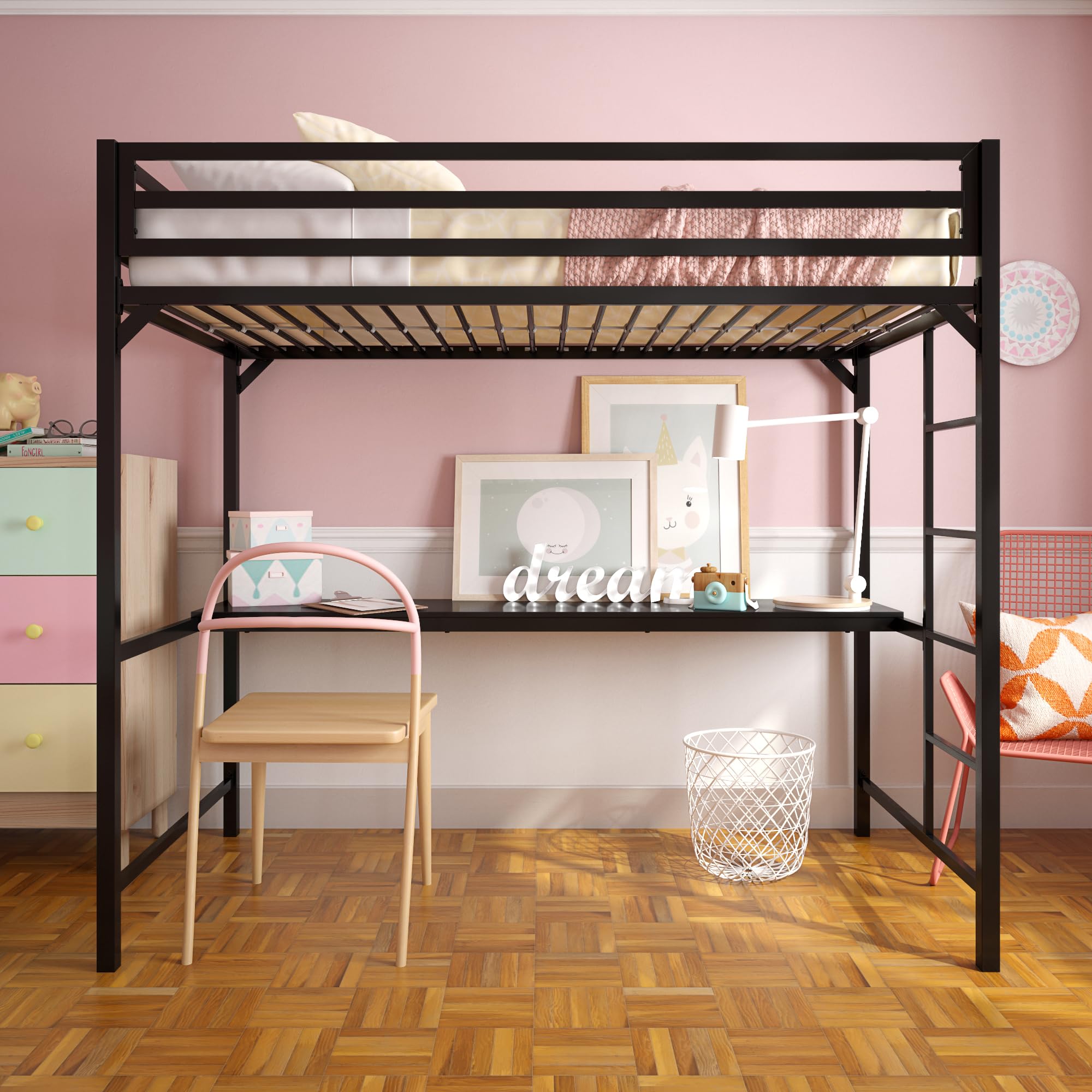 DHP Miles Metal Twin Loft Bed with Desk, Black - Space-Saving Study & Sleep Solution for Kids & Teens Bedrooms, Dorms & Small Apartments