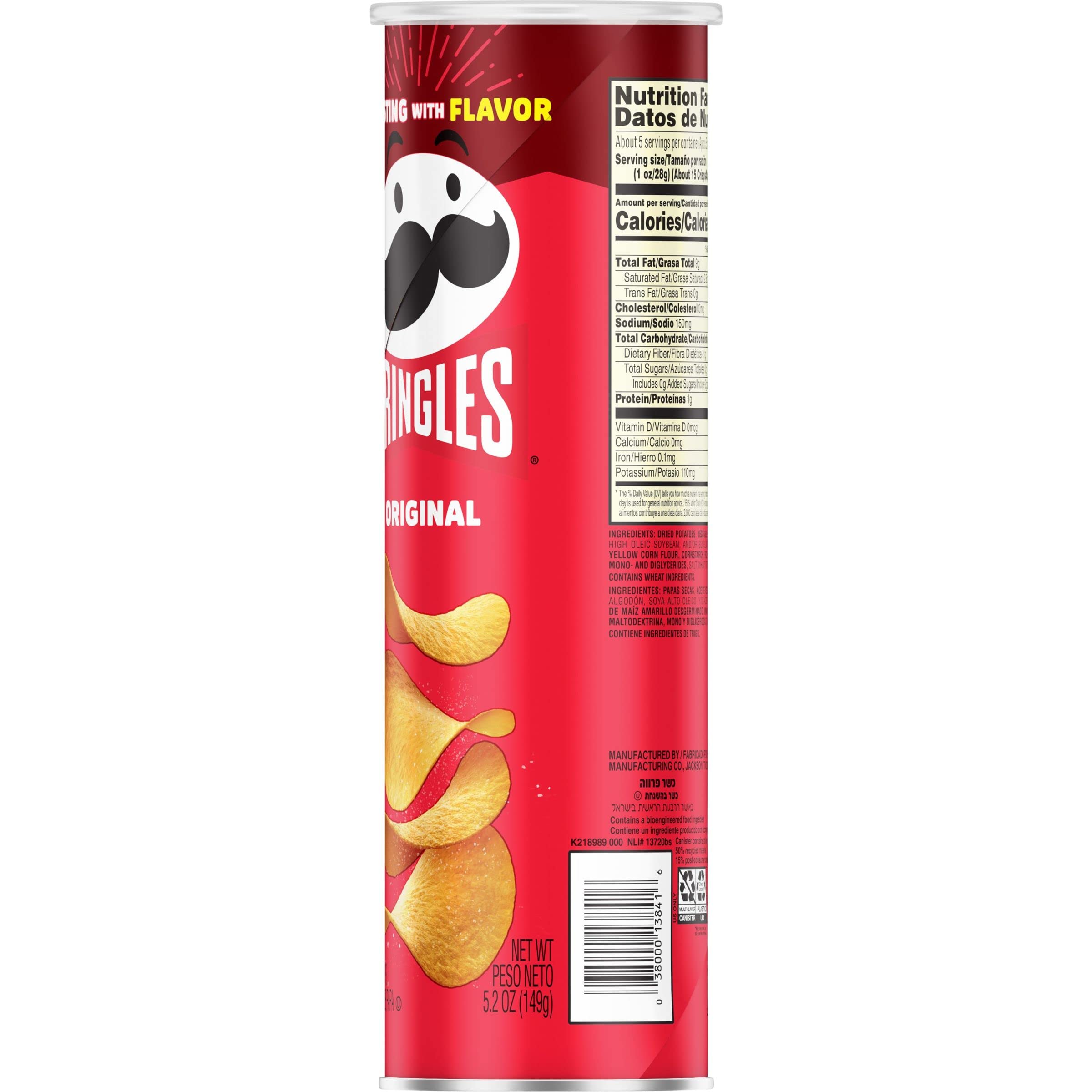 Pringles Original Potato Crisps Chips - 5.2oz Can (Pack of 1) - Crunchy Lunch Snacks & On-The-Go Treats for Office, School, or Road Trips