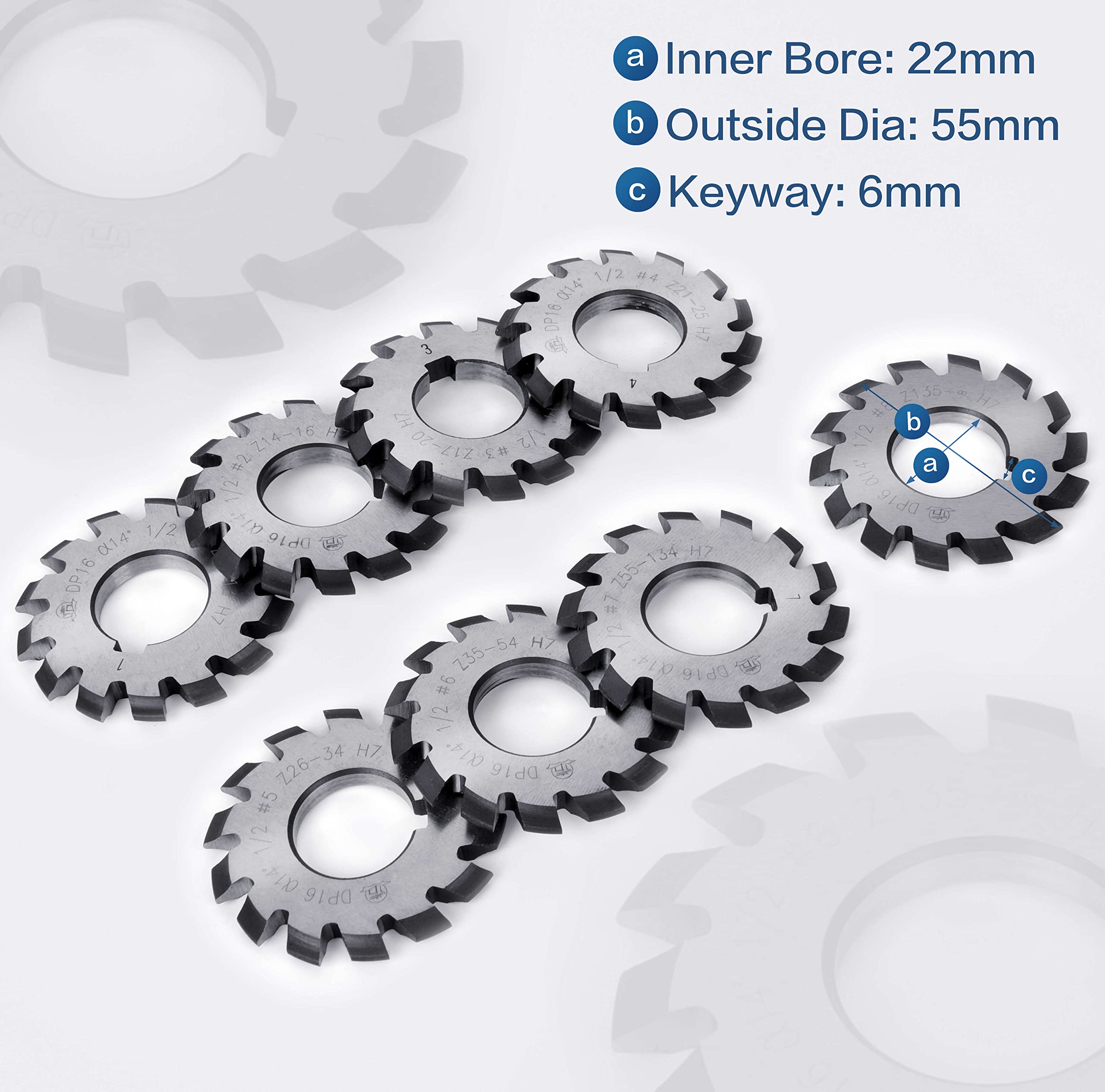 High-Speed Steel (HSS) Involute Gear Cutter Set - DP16 PA14-1/2, 22mm Bore, No.1-8 Cutters with R8 Shank - Precision Milling Arbor Gear Mill Cutter Holder for Lathe & CNC Machining - Ideal for Gear Cutting, Metalworking, and Industrial Manufacturing