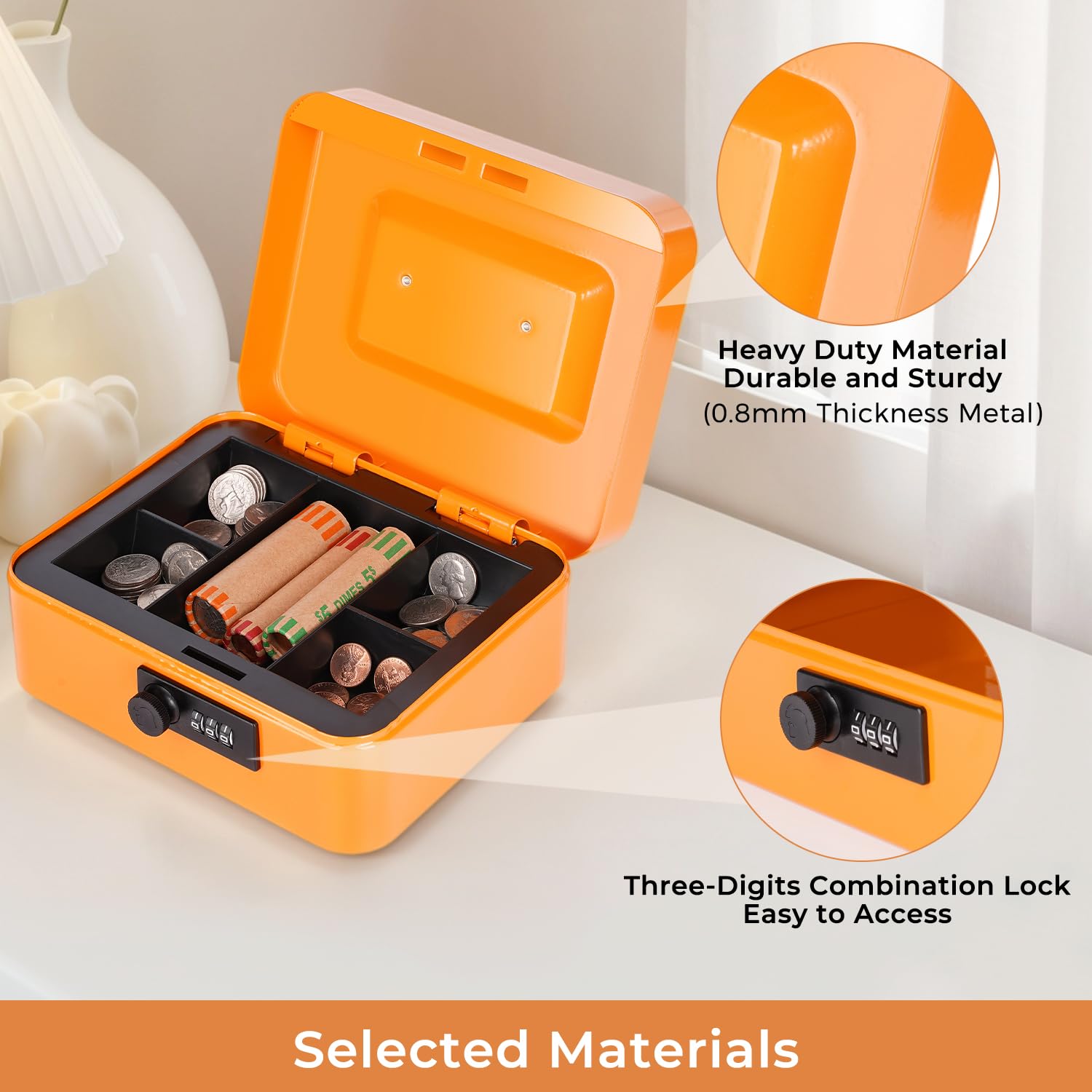 Metal Cash Box with Money Tray & Combination Lock - 7.87