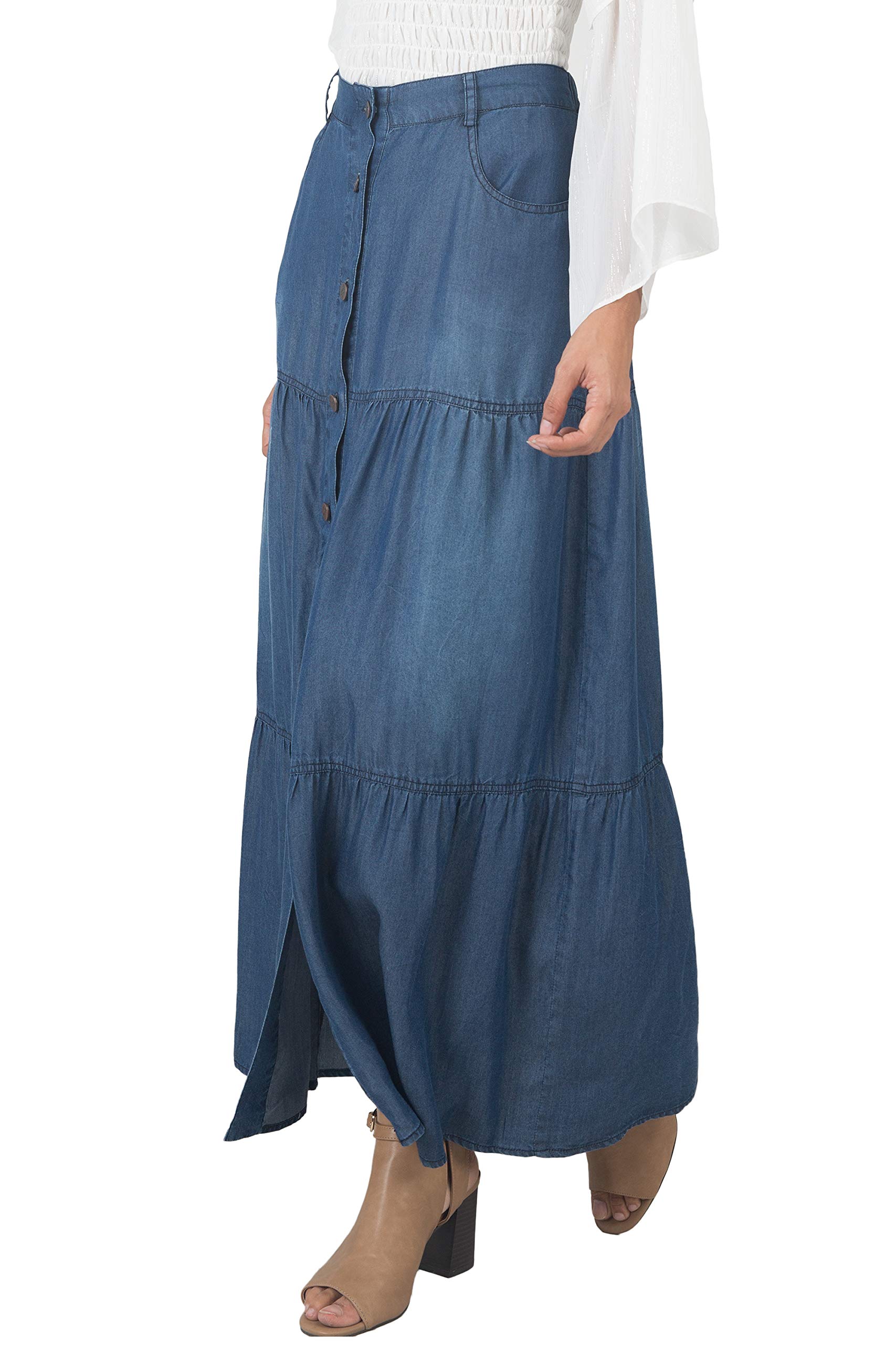 Women's Tencel Denim Maxi Skirt - Breathable A-Line Peasant Style with Pockets | Perfect for Summer, Beach, Boho Outfits & Casual Wear
