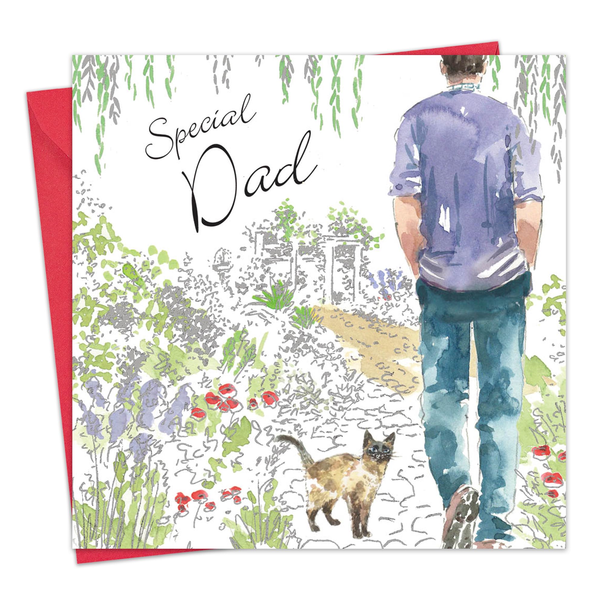 Twizler Happy Birthday Card for Dad - Elegant Silver & Green Foil Design with Watercolor Cat Illustration | Perfect Father's Day, Birthday & Special Occasion Greeting Card for Men