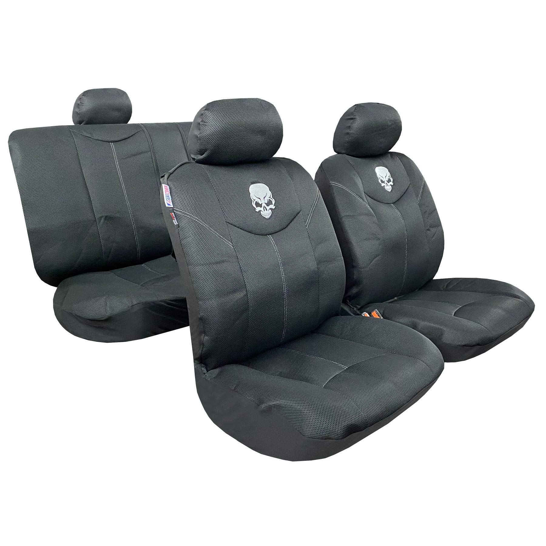 Universal Airflow Mesh Car Seat Covers - 9pc Complete Set with Embroidery for Toyota Tacoma, RAV4, 4Runner | Breathable Summer & Warm Winter Auto Interior Accessories (Skull Black) - Perfect for Road Trips, Daily Commutes & Off-Road Adventures