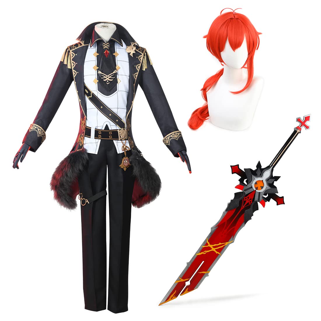 Genshin Impact Diluc Cosplay Costume Full Set with Wig & 145cm Razor Sword - Beidou Weapon Replica for Anime Conventions, Halloween, and Cosplay Events