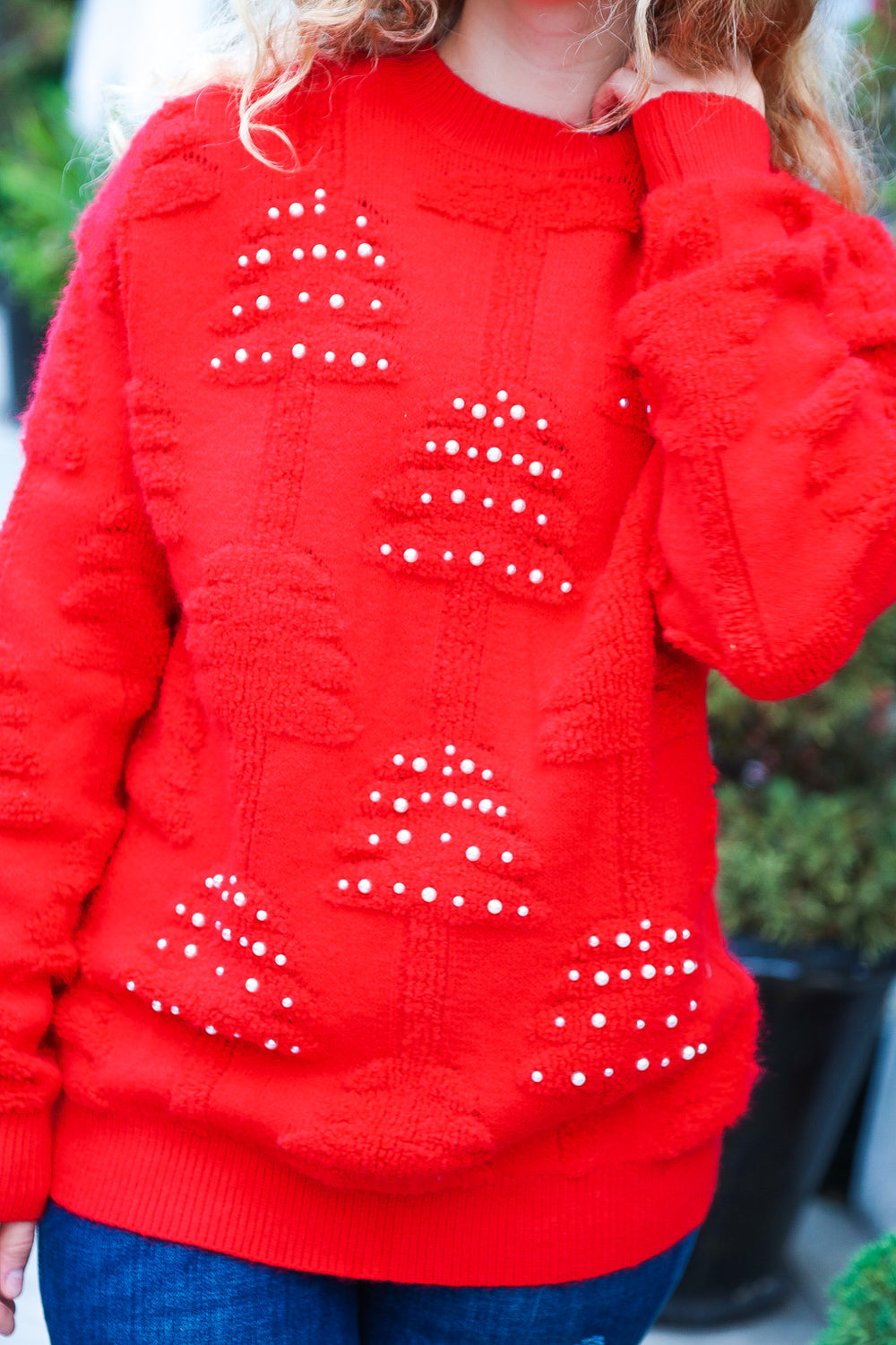 More The Merrier Red Pearl Christmas Tree Jacquard Sweater - Festive Holiday Knitwear for Women, Family Matching Outfits & Christmas Party Fashion