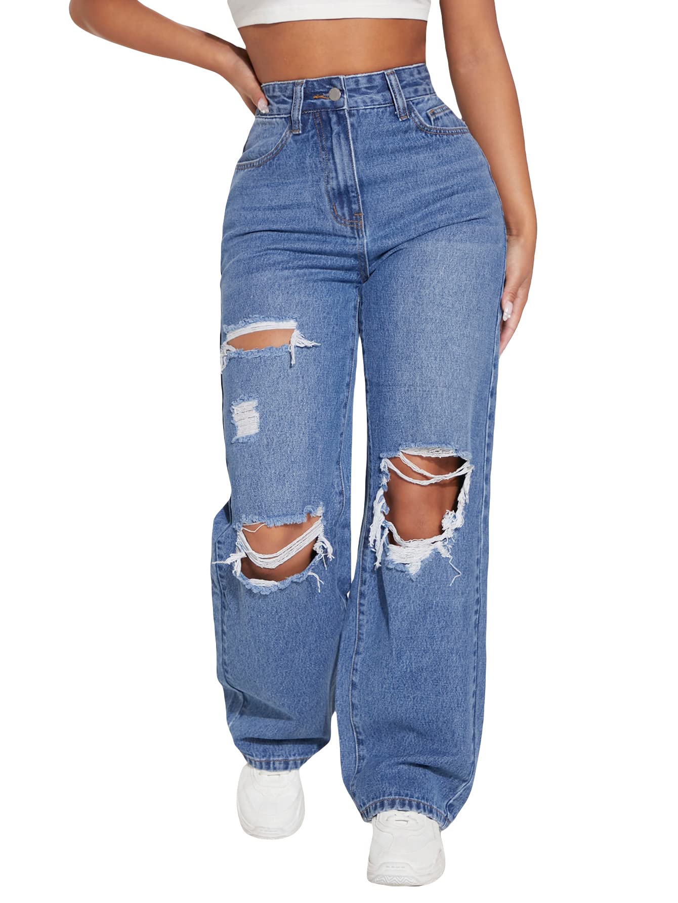 Floerns Women's Ripped High Waist Distressed Baggy Jeans - Straight Leg Denim Pants for Casual Wear, Street Style & Everyday Outfits