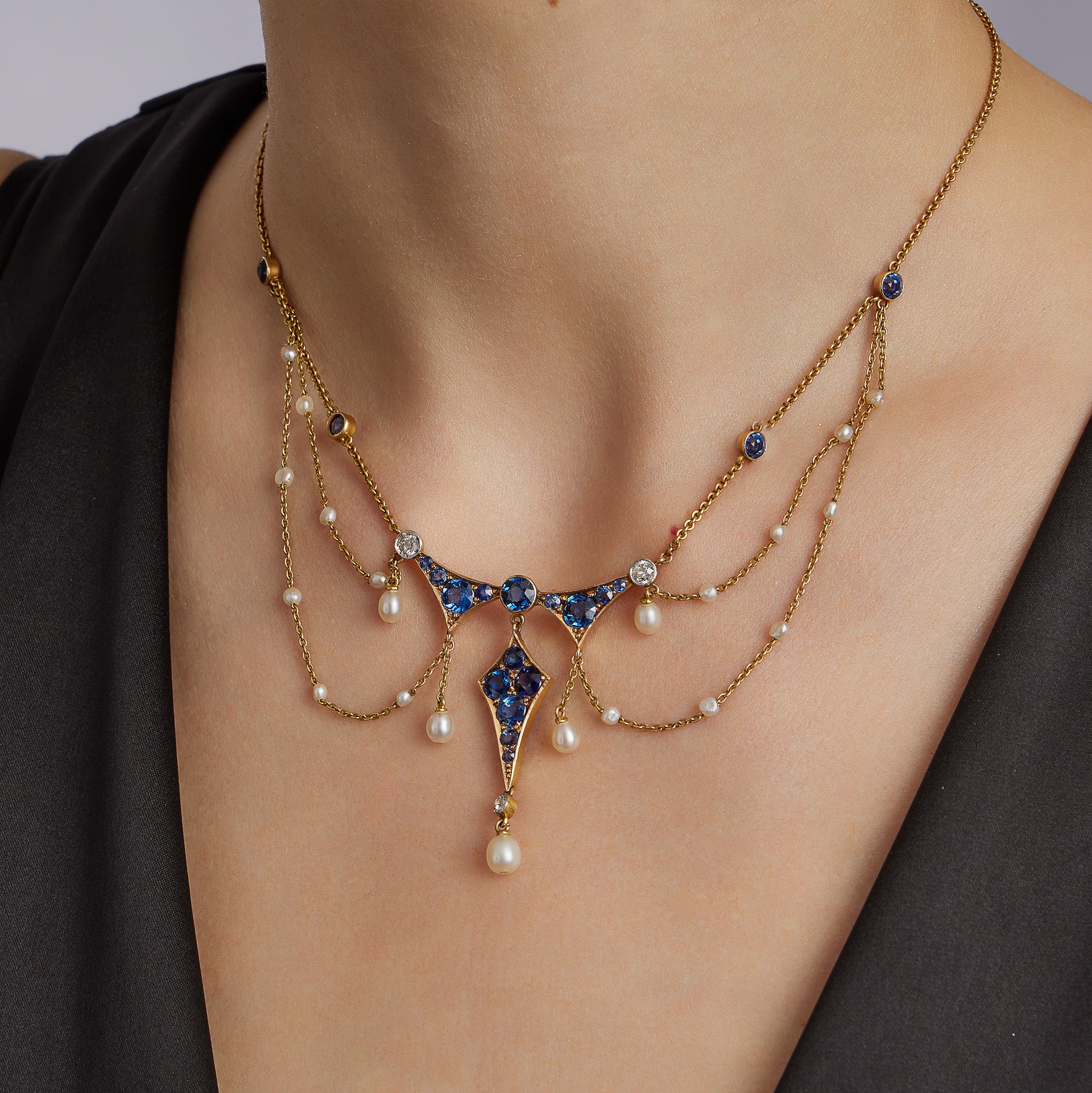 Montana Sapphire, Seed Pearl & Diamond Garland Necklace – Elegant Jewelry for Weddings, Parties & Special Occasions