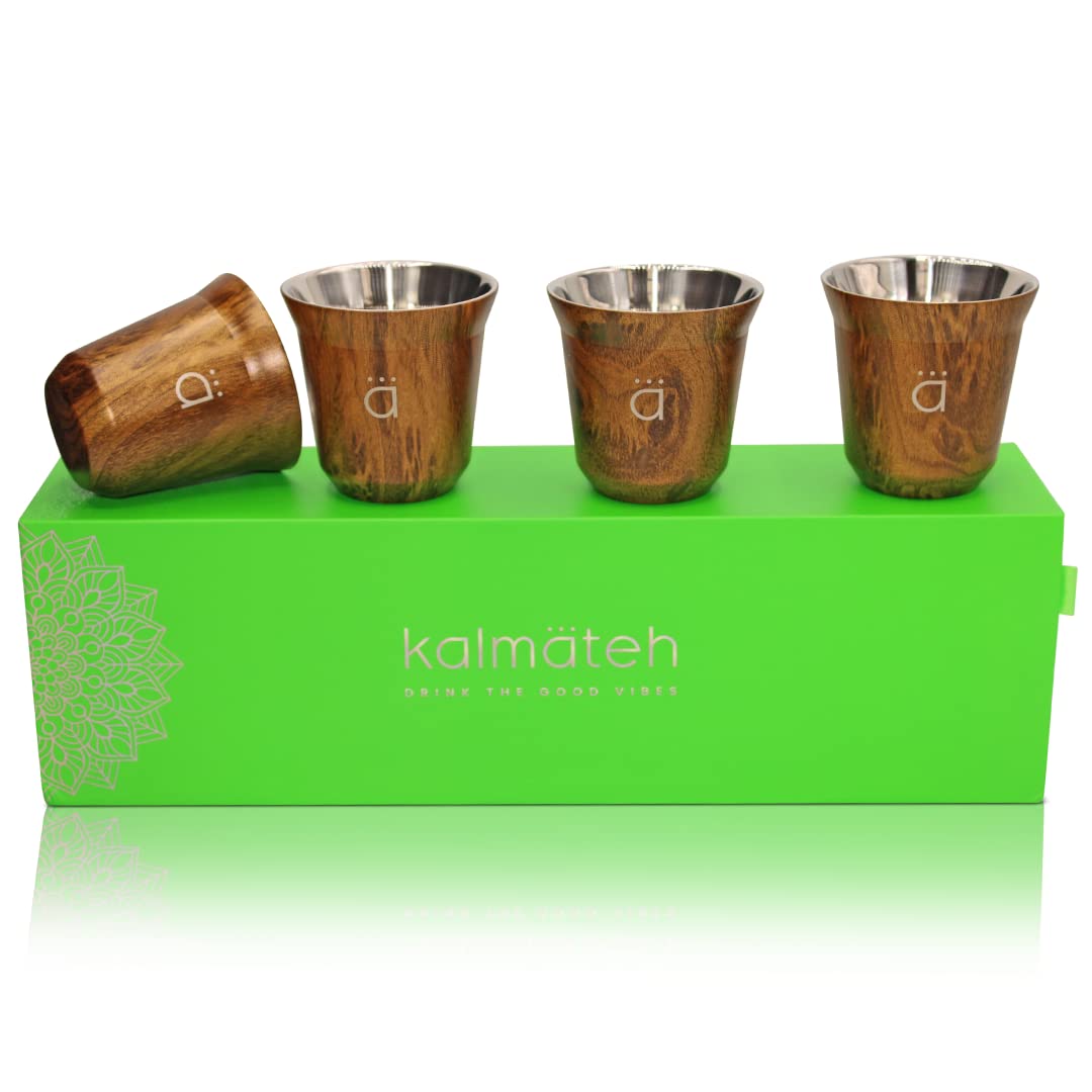 Kalmateh Heat Resistant Espresso Coffee Cups Set of 4 - 2.7oz 80ml Double Wall Insulated Stainless Steel Cups with Wooden Stand - Perfect for Home, Office & Coffee Shops