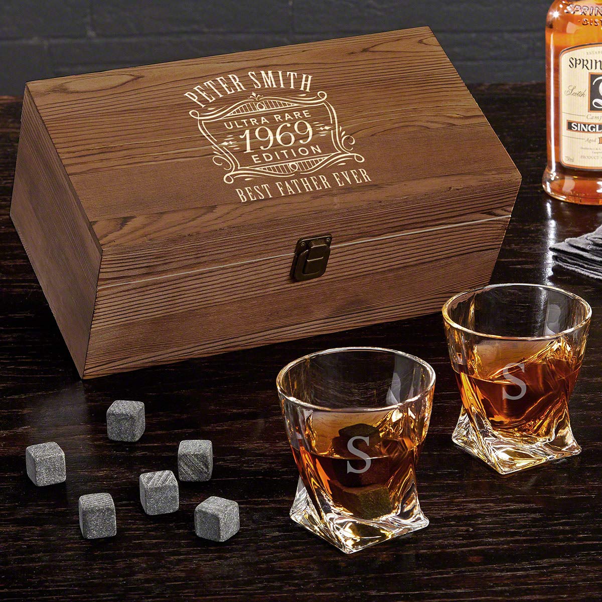 Personalized Whiskey Gift Set - Engraved Wooden Box & 2 Twist Glasses - Perfect for Anniversary, Birthday, Father's Day & Special Occasions