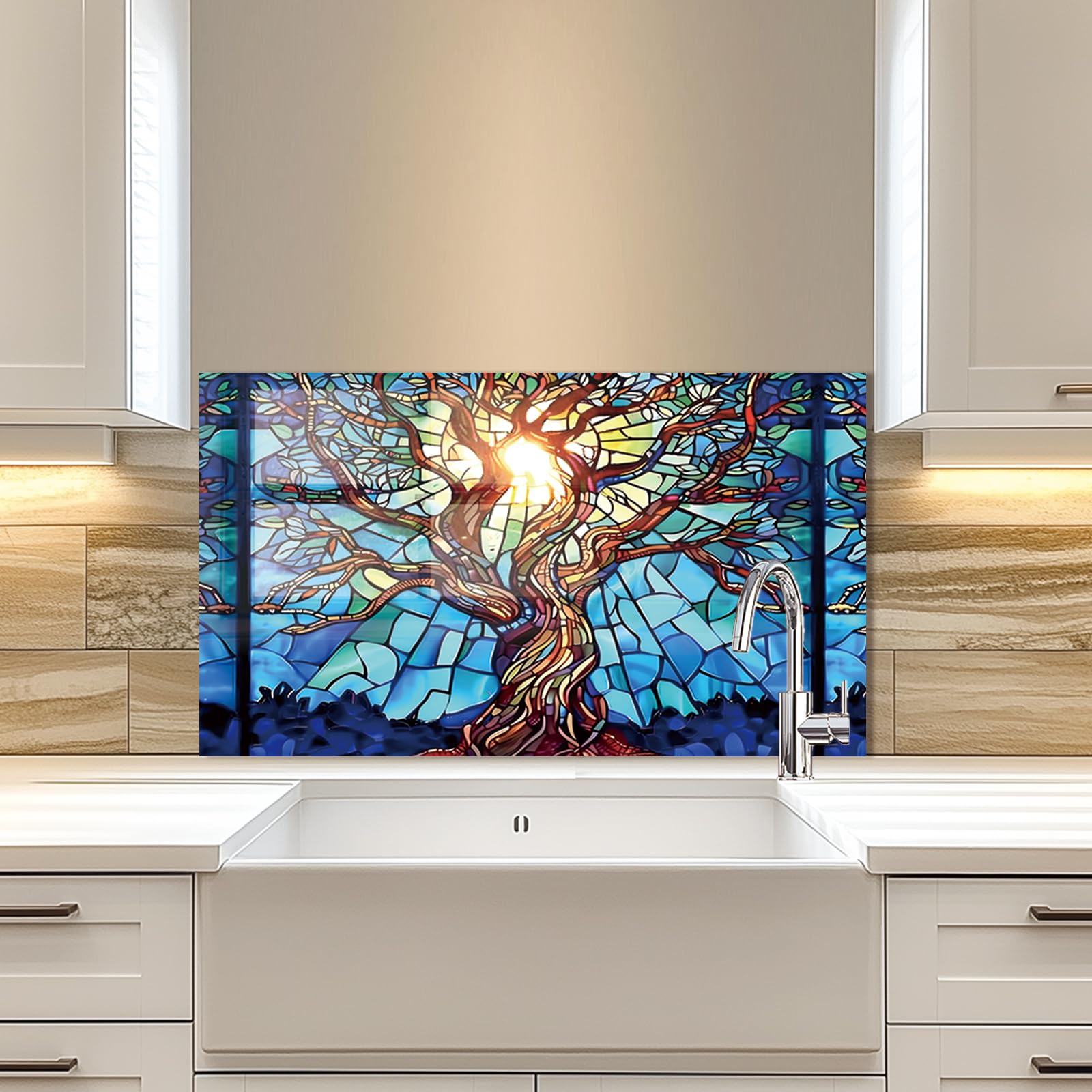 Tree of Life Tempered Glass Kitchen Backsplash - 23.62
