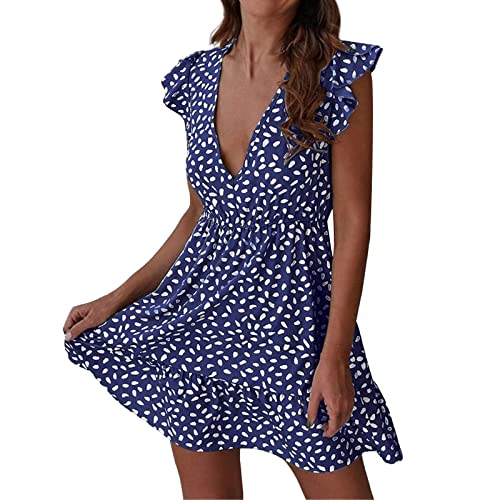 Women's Boho Floral Sundress - Casual Beach Short Dress with Tie Neck, Short Sleeves, Elastic High Waist & Ruffle Hem | Perfect for Summer Vacations, Pool Parties & Outdoor Weddings