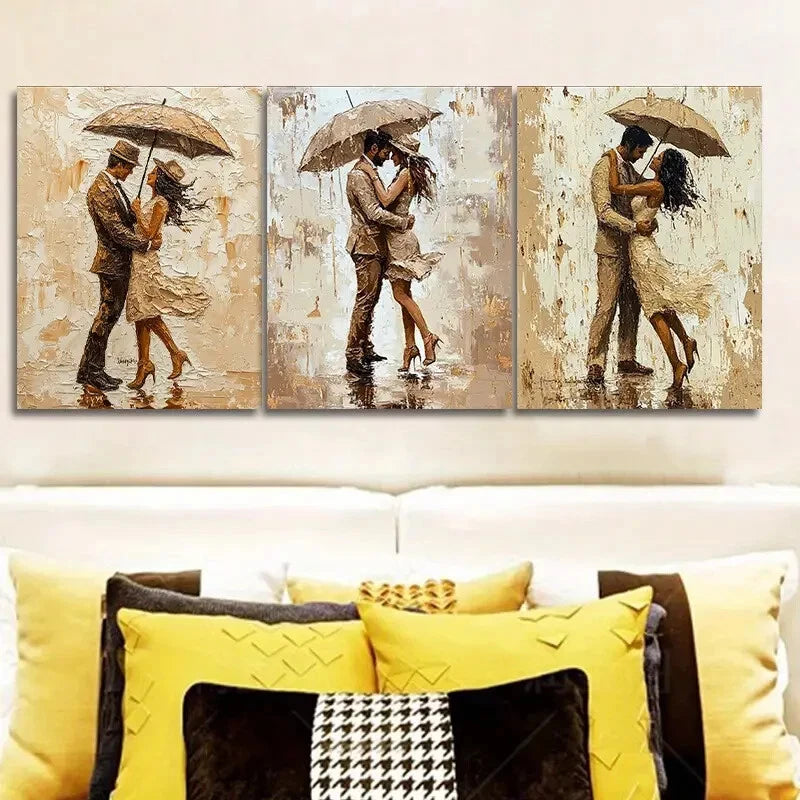 3-Piece Romantic Couple Walking in the Rain Metal Wall Art - Ready to Hang Home Decor for Living Room, Bedroom & Office