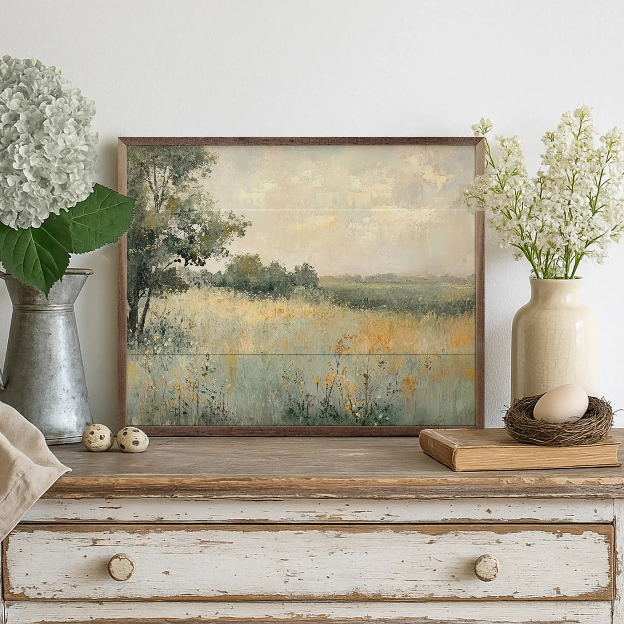 Country Wildflower Landscape Wood Framed Print - Rustic Floral Wall Art for Home & Office Decor - Perfect for Living Room, Bedroom, or Country Style Interior Design