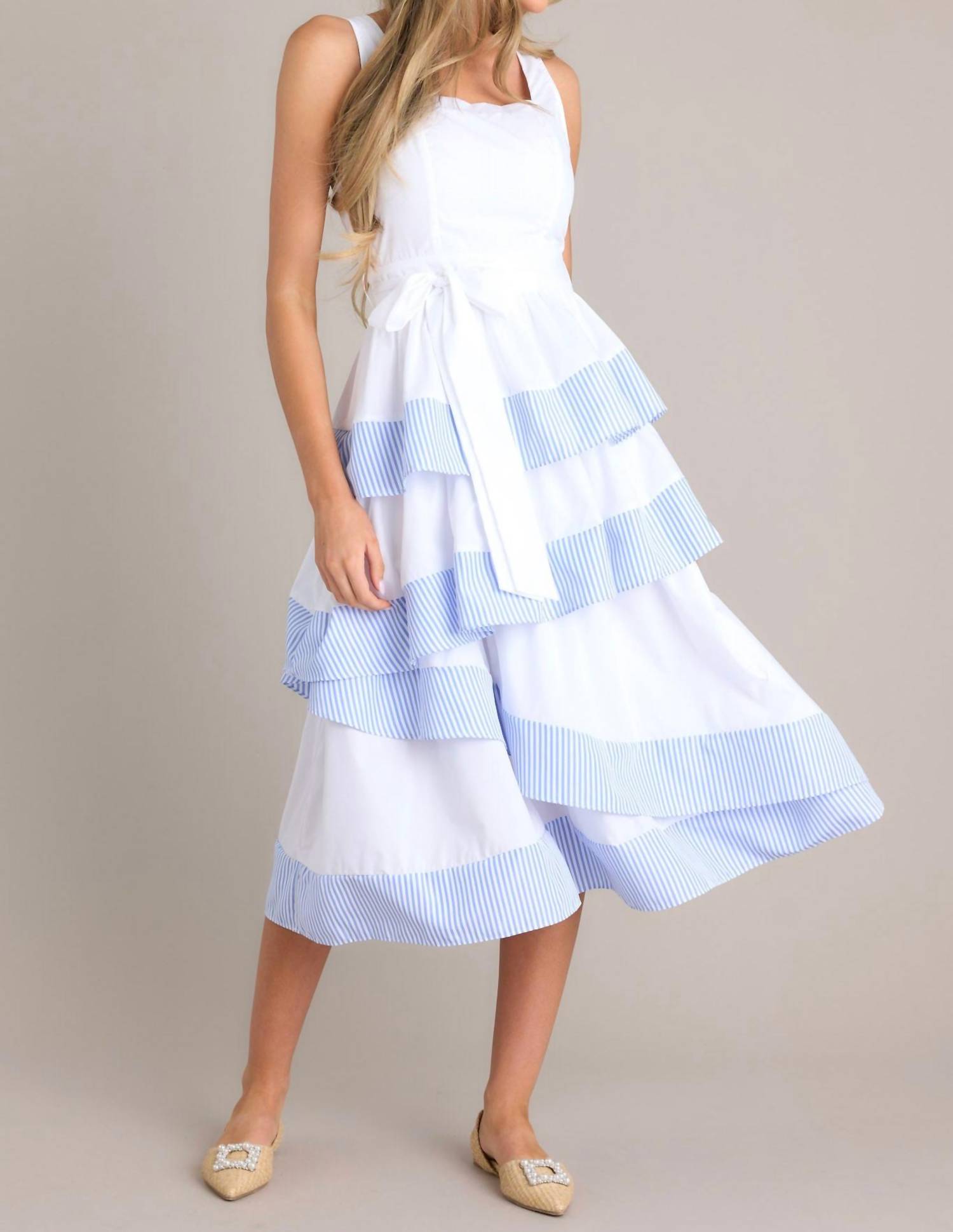 Derby Days Stripe Ruffle Midi Dress - White & Blue Floral Summer Dress for Women | Perfect for Garden Parties, Brunch Dates & Summer Weddings