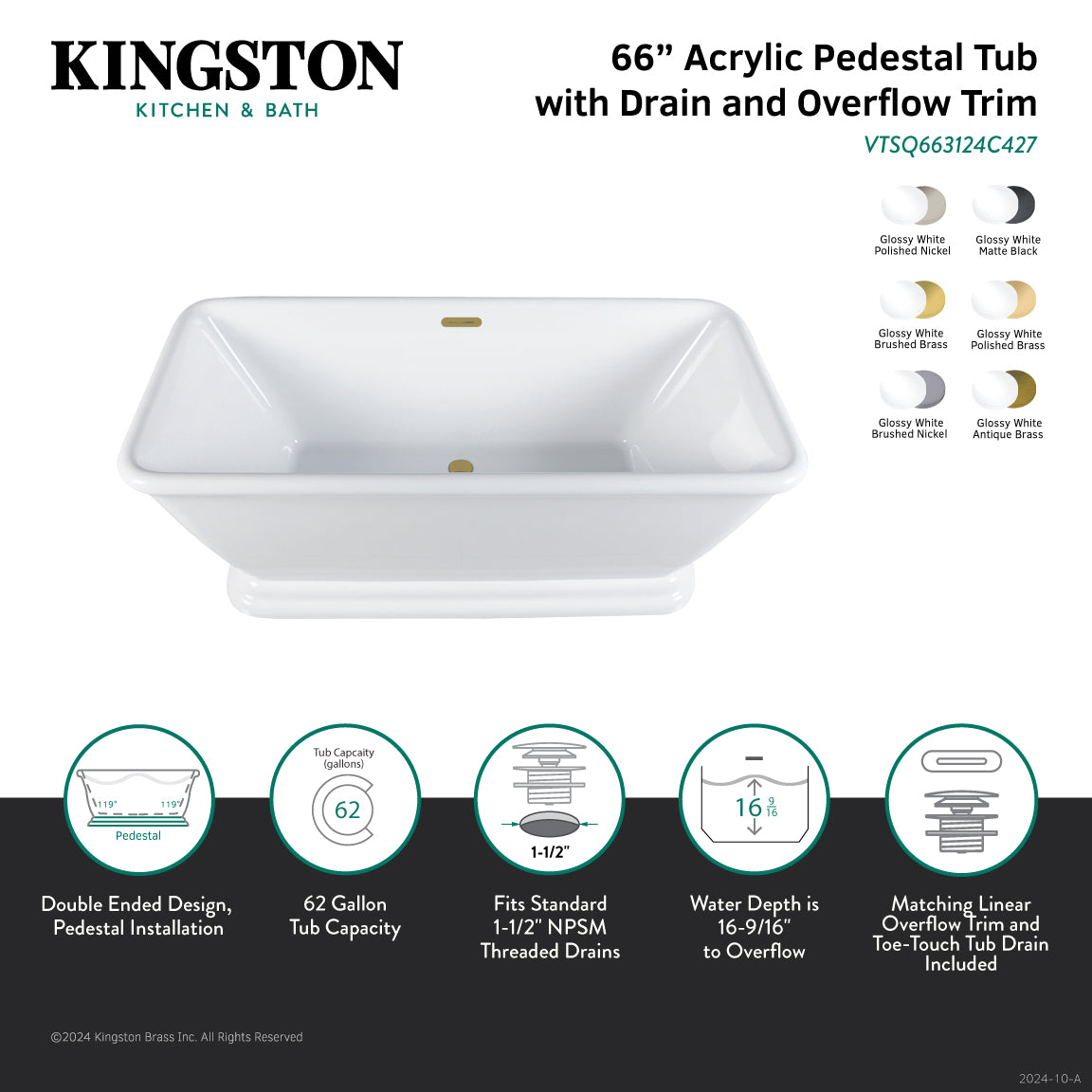 Aqua Eden 66 Inch Acrylic Oval Rectangular Double Ended Pedestal Bathtub - Glossy White with Antique Brass Finish - Freestanding Soaking Tub for Luxury Bathrooms (No Faucet Drillings Included) - Perfect for Spa-Like Relaxation and Modern Home Decor