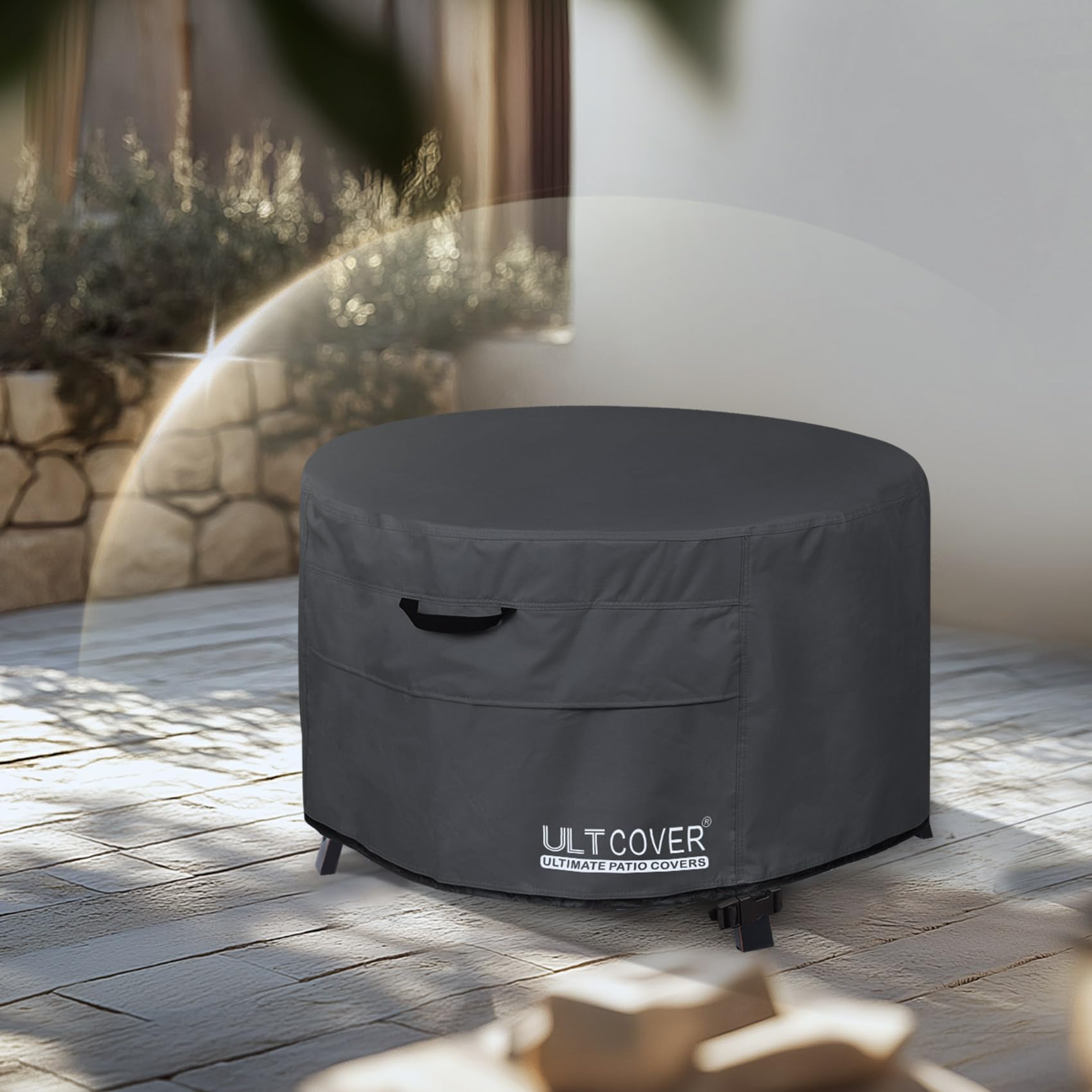 ULTCOVER 27 Inch Round Waterproof Fire Pit Table Cover - Outdoor Fire Bowl Protection for Patio, Deck, Backyard - Heavy Duty Black Weatherproof Cover for All Seasons
