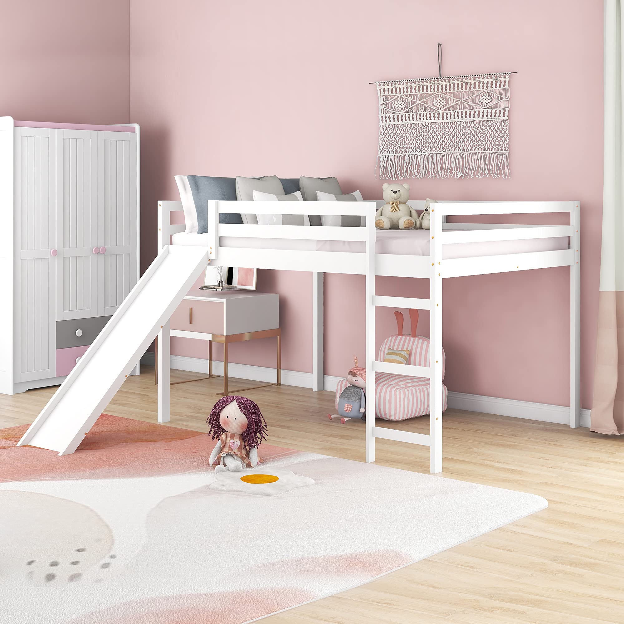 **Sturdy Wooden Loft Bed with Slide & Guardrails – Full-Size Kids Bed for Boys & Girls – Multifunctional Design (White) – Perfect for Small Bedrooms & Playrooms**