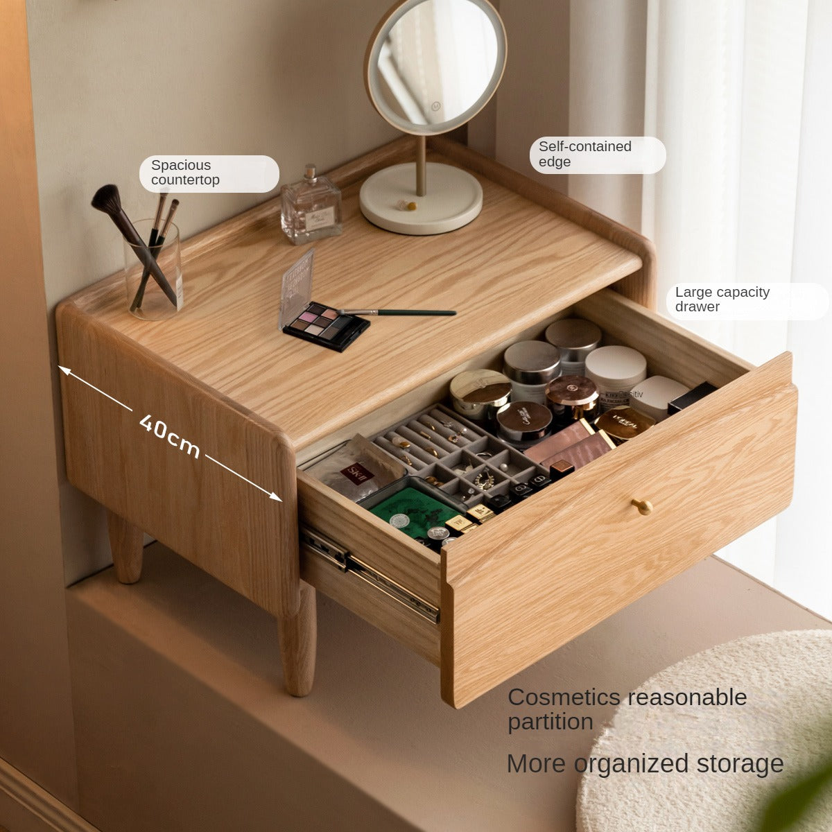 Solid Oak Wood Small Dressing Table with Mirror - Compact Vanity Desk for Bedroom, Makeup & Beauty Station - Perfect for Small Spaces & Apartment Living