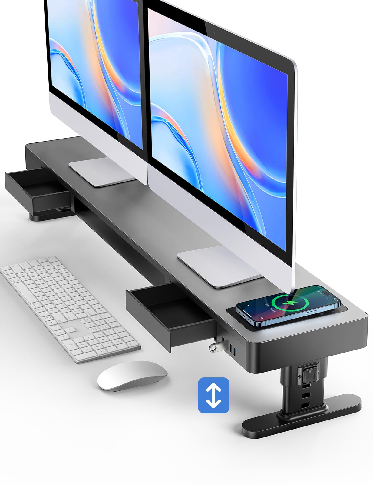 Dual Monitor Stand with Adjustable Height, Wireless Charging Pad & 4 USB Ports - Metal Desk Organizer with Storage Drawers for 2 Monitors - Perfect for Home Office, Gaming Setup & Workspace Organization