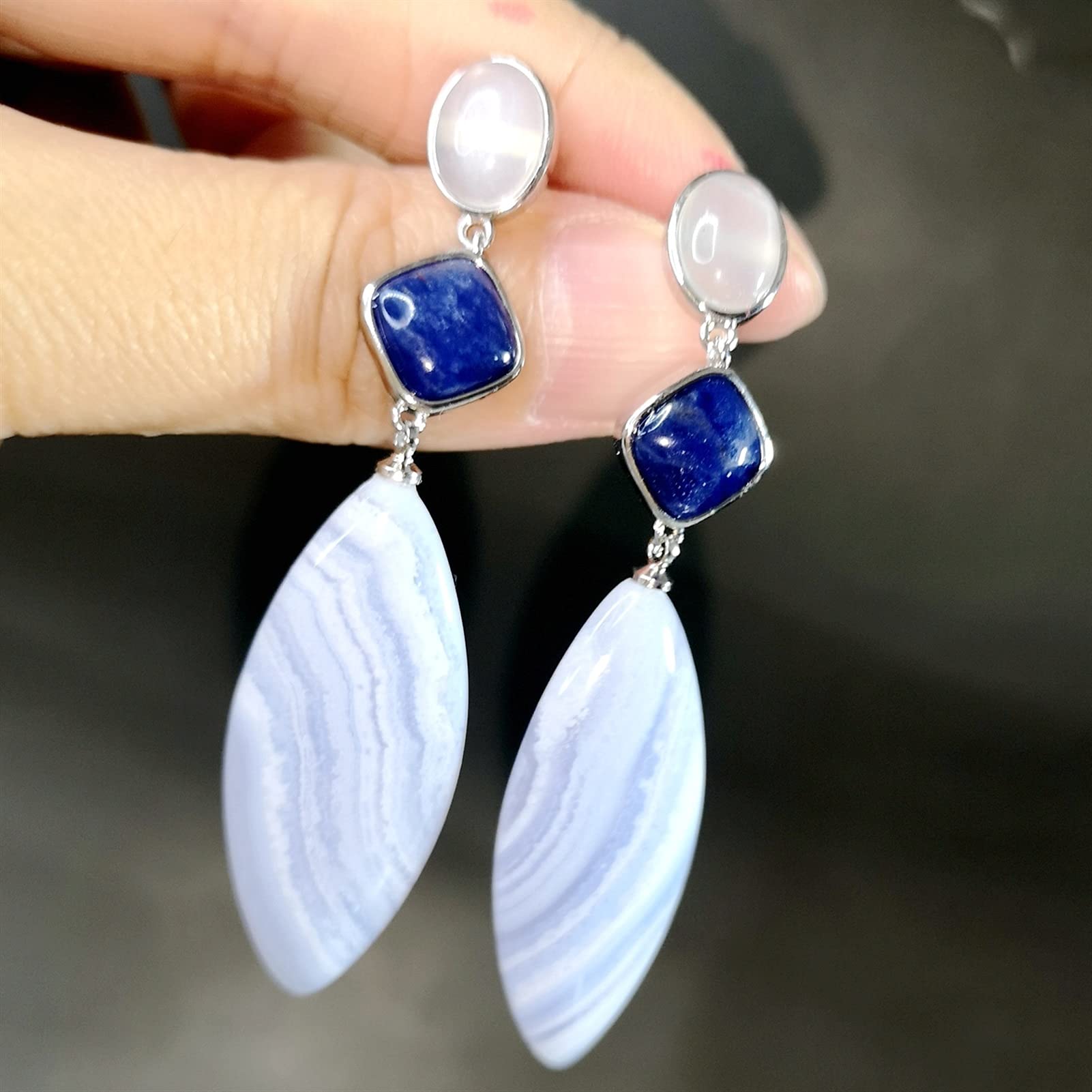 925 Sterling Silver Blue Agate & White Moonstone Dangle Earrings for Women | Natural Gemstone Drop Earrings | Perfect for Weddings, Parties & Gift Giving