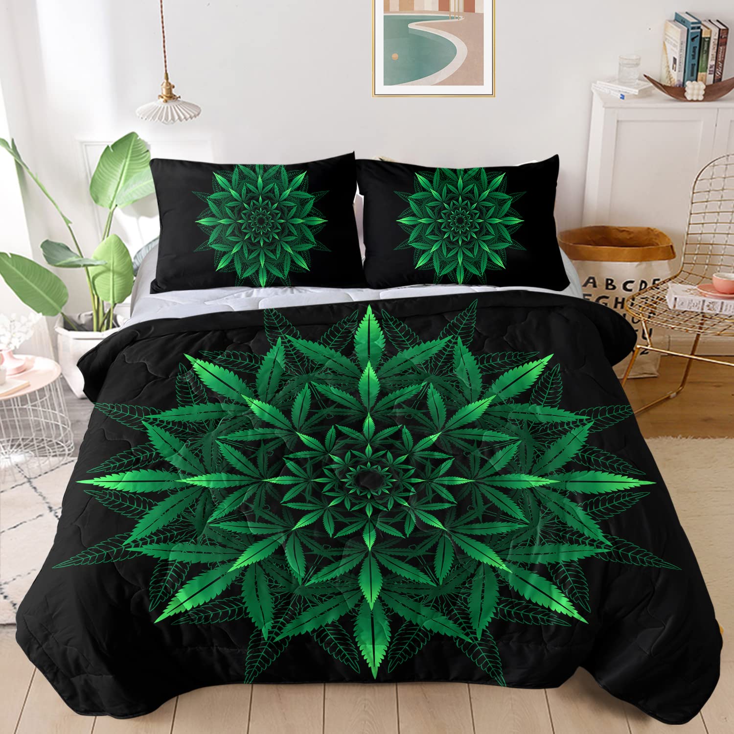MILANKET Black Floral Comforter Set - Twin Size Green Trippy Bedding with Zipper Closure, 1 Comforter & 2 Pillowcases for Teens, Women & Men - Perfect for Boho Bedroom Decor & Hippie Aesthetic Room Makeover