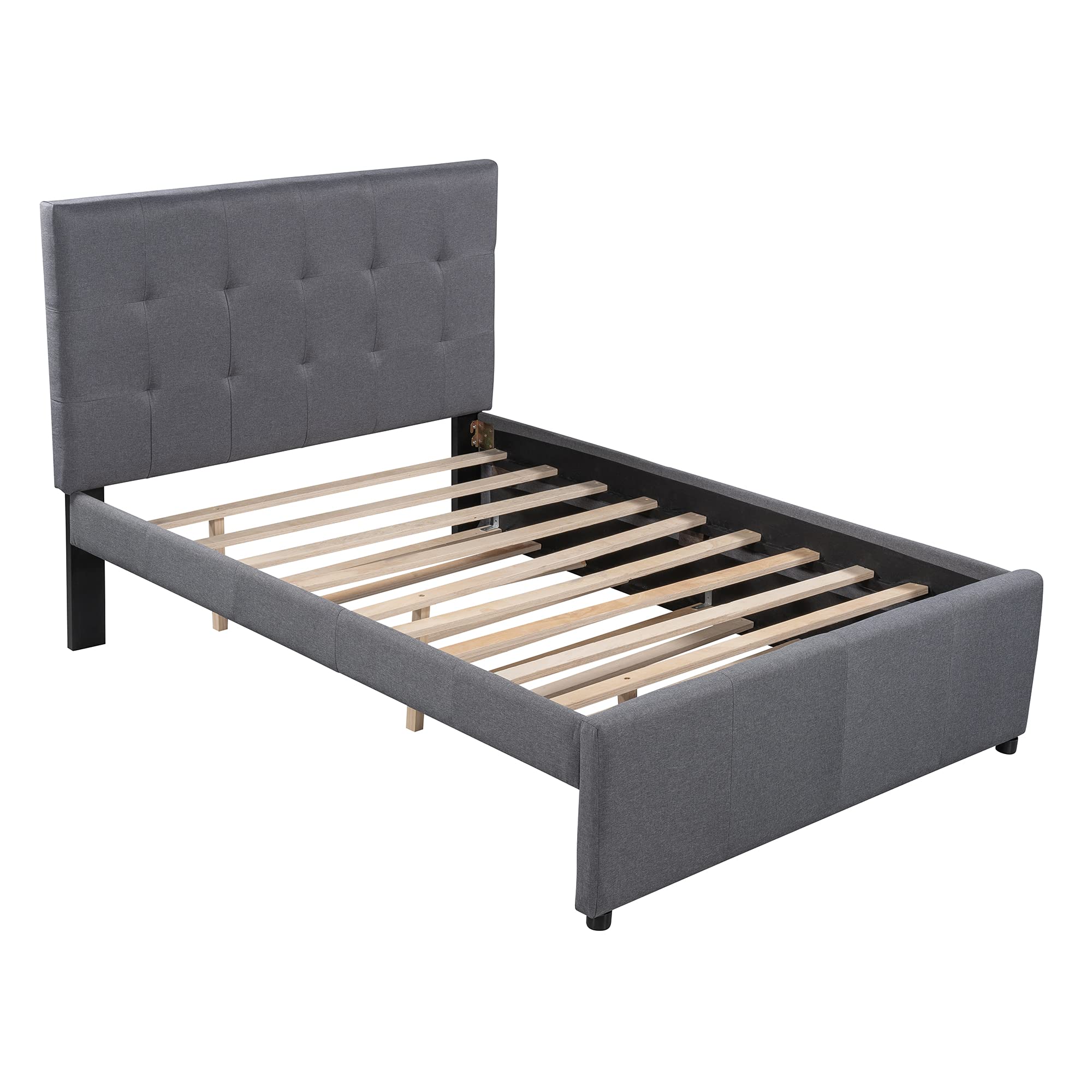 RUNNA Full Size Upholstered Platform Bed Frame with Trundle - No Box Spring Needed, Linen Fabric Headboard for Kids & Teens Bedroom - Perfect for Sleepovers, Small Spaces & Guest Rooms