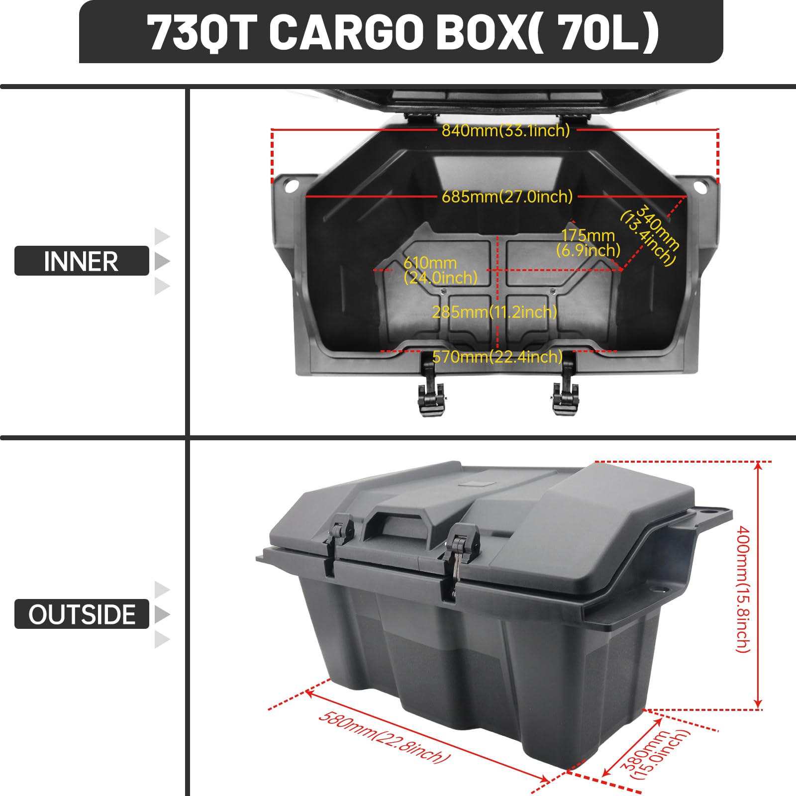 Polaris RZR PRO XP/Turbo R 2020-2023 Rear Cargo Storage Box - 73QT Waterproof UTV Tool Box with Lid | Replacement for #2883751 | Perfect for Off-Roading, Camping & Outdoor Gear Storage