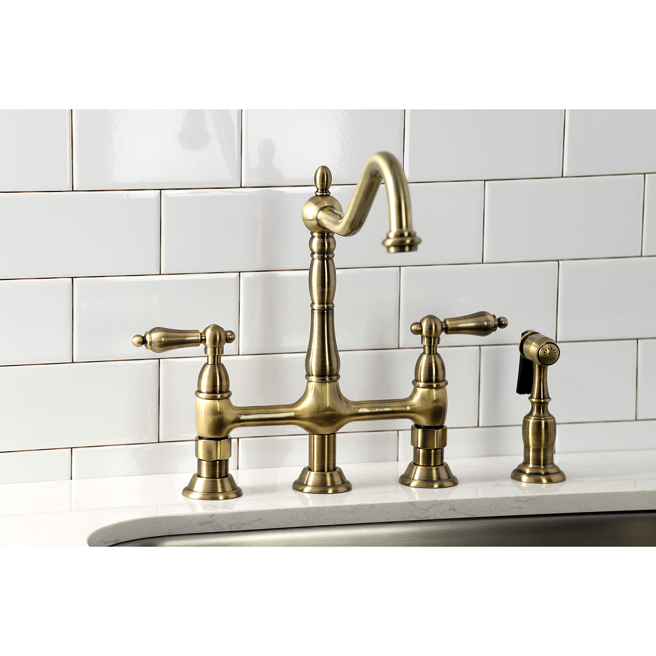 Kingston Brass KS1273ALBS Heritage 8-Inch Kitchen Bridge Faucet with Brass Sprayer - Antique Brass Finish - Perfect for Farmhouse, Vintage & Traditional Kitchen Sinks