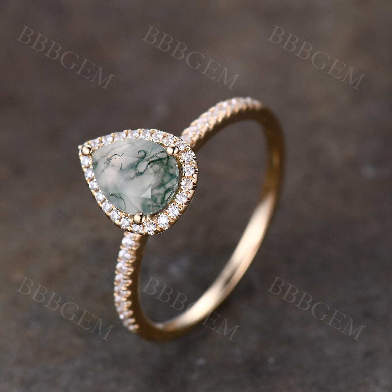 Pear Moss Agate White Gold Diamond Engagement Ring - Vintage Halo Style for Wedding Proposal & Anniversary Gift