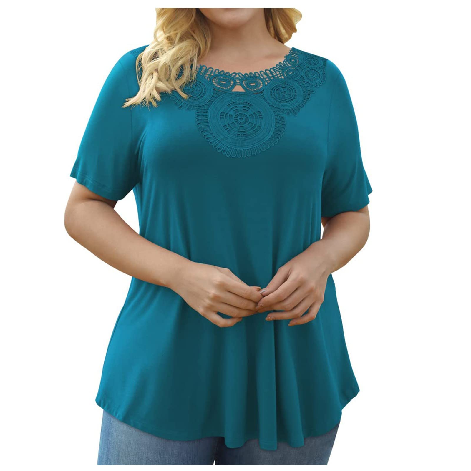 Plus Size Women's Summer T-Shirts - Sexy Lace Trim Crewneck Tunic Tee, Short Sleeve Loose Fit Solid Top for Casual Wear & Beach Outings