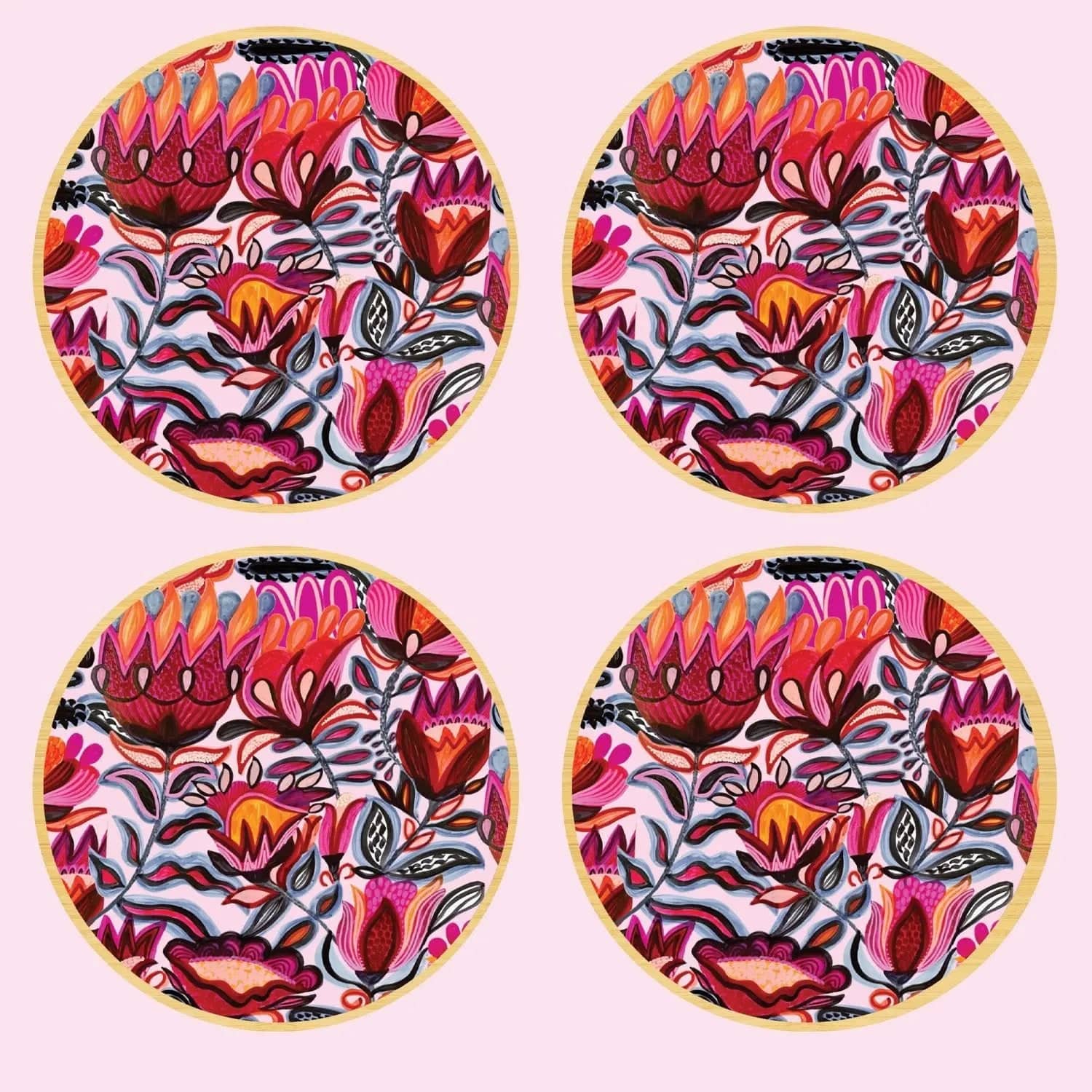Bohemian Floral Wooden Coaster Set - Handmade Australian Hardwood Drink Coasters for Home Decor, Coffee Tables & Bar Protection